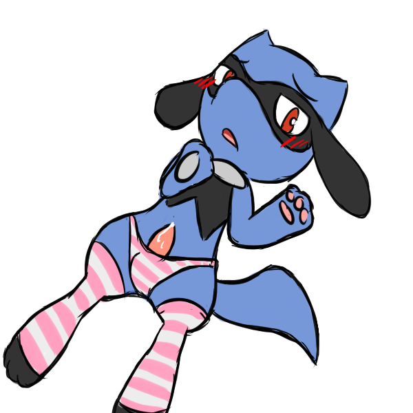 balls bargglesnatch-x1 blush erection furry male male_only nintendo no_humans panties penis plain_background pokemon pokephilia riolu socks solo stockings underwear video_games