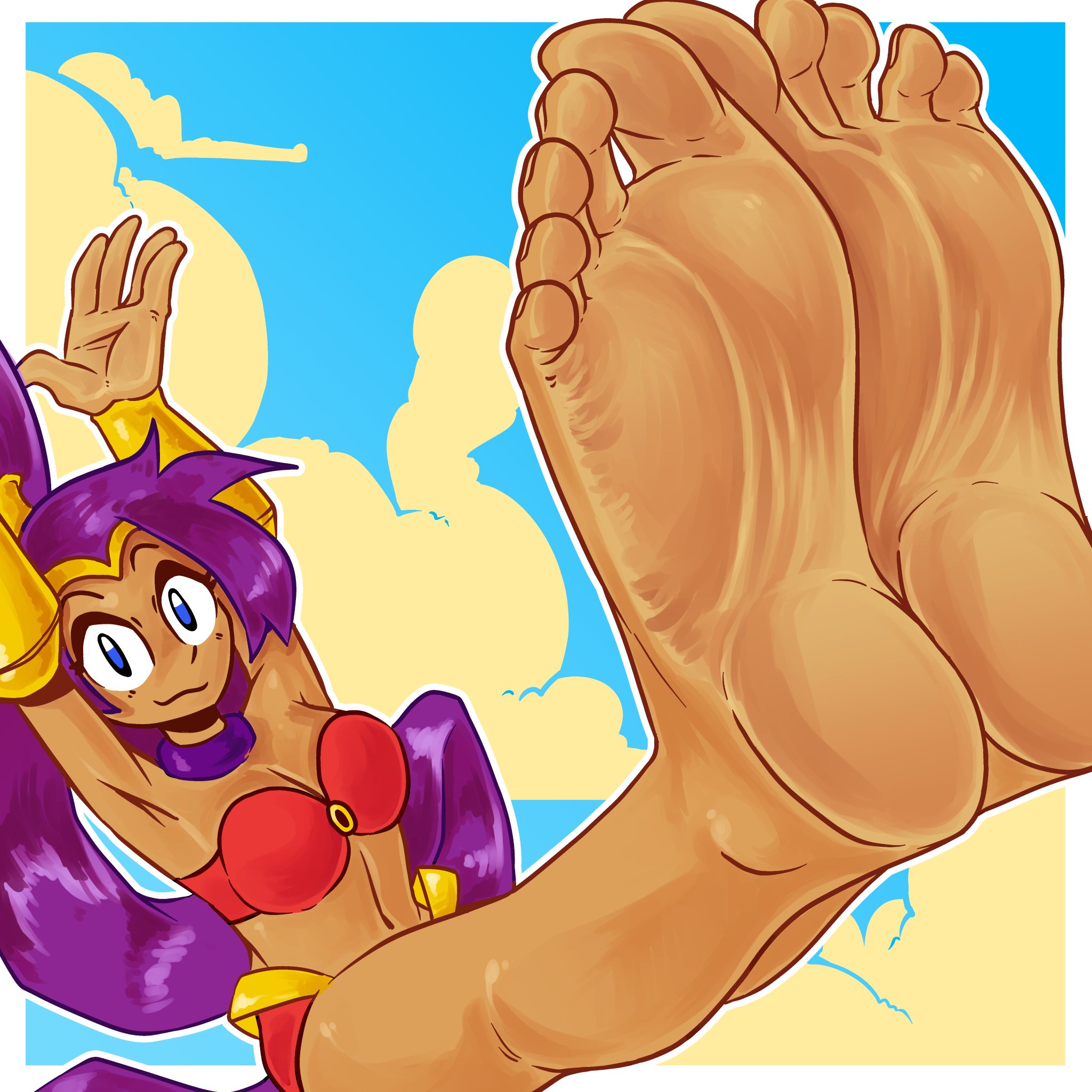 1girls, armpits, bare legs, bare shoulders, barefoot, blue eyes, dark skin, dark-skinned female, feet, feet up, female, foot fetish, foot focus, genie, hands up, jewelry, legs up, looking at viewer, pointy ears, presenting feet, purple hair, shantae, shantae (character), shaved armpit, smile, soles, solo female, stretching, tan, tinsay (artist)