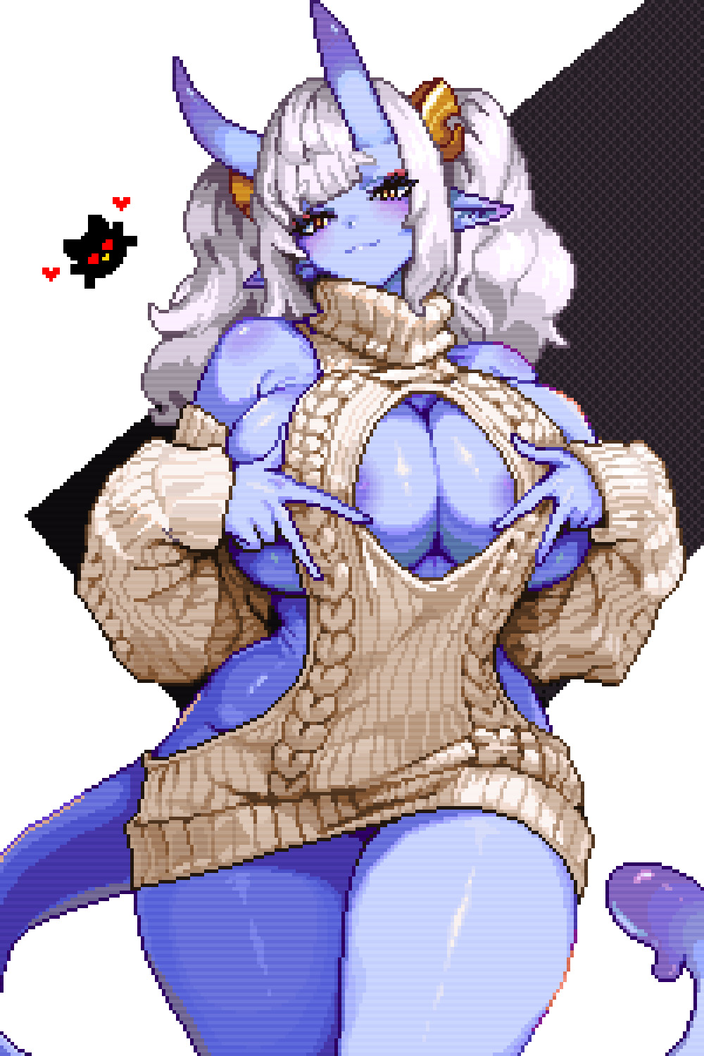 arkham-ts, blue skin, curvy, devil, horns, inviting, nipple slip, virgin killer sweater