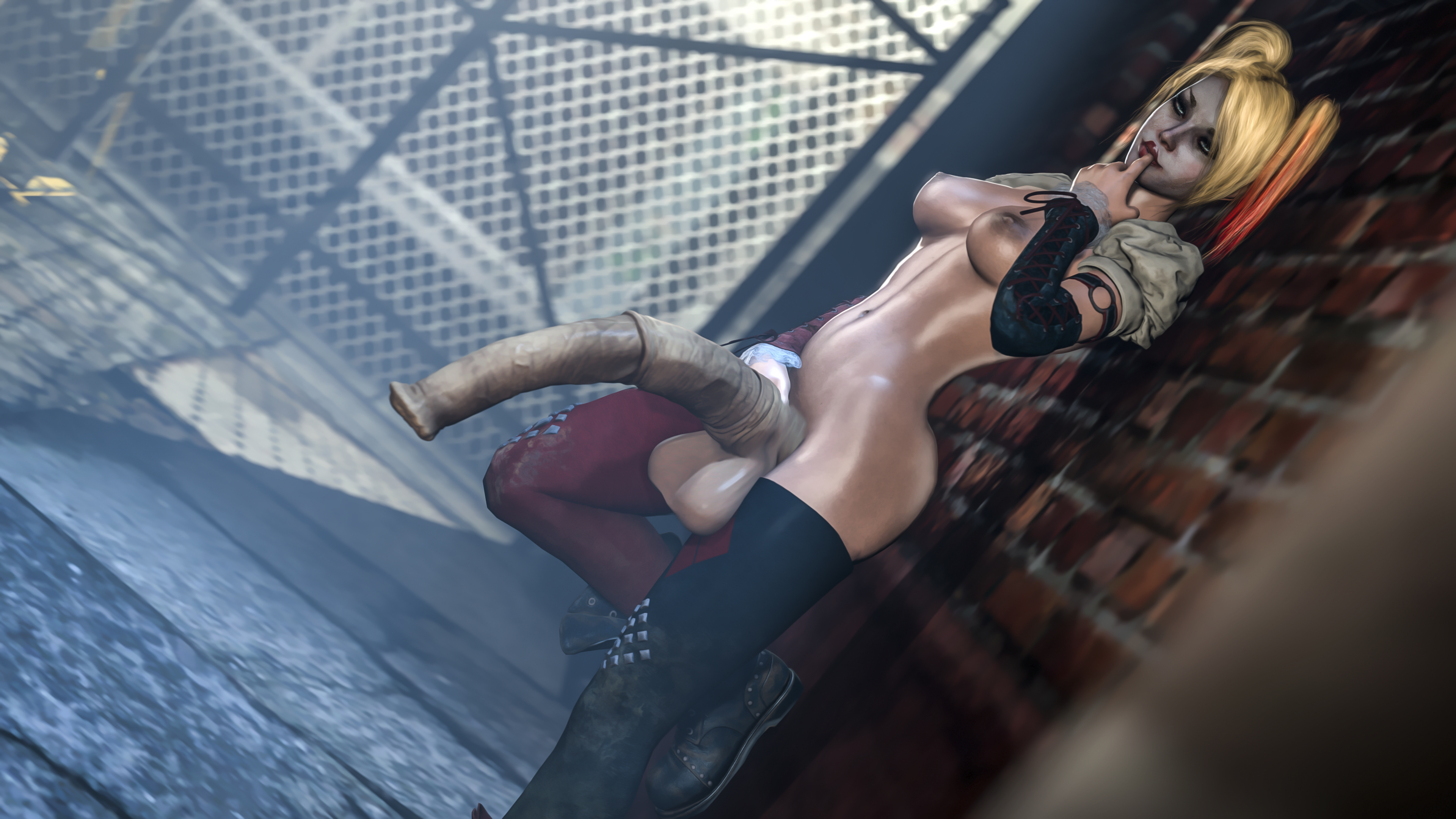 1futa, 3d, absurdres, animal genitalia, areolae, balls, batman (series), batman: arkham knight, breasts, dc, dc comics, erection, futa only, futanari, harley quinn, harley quinn (arkham knight), harley quinn (arkham), highres, horsecock, huge cock, human with animal genitalia, human with horsecock, intersex, looking at viewer, mitrild-sfm, nipples, penis, solo, solo futa, source filmmaker, testicles