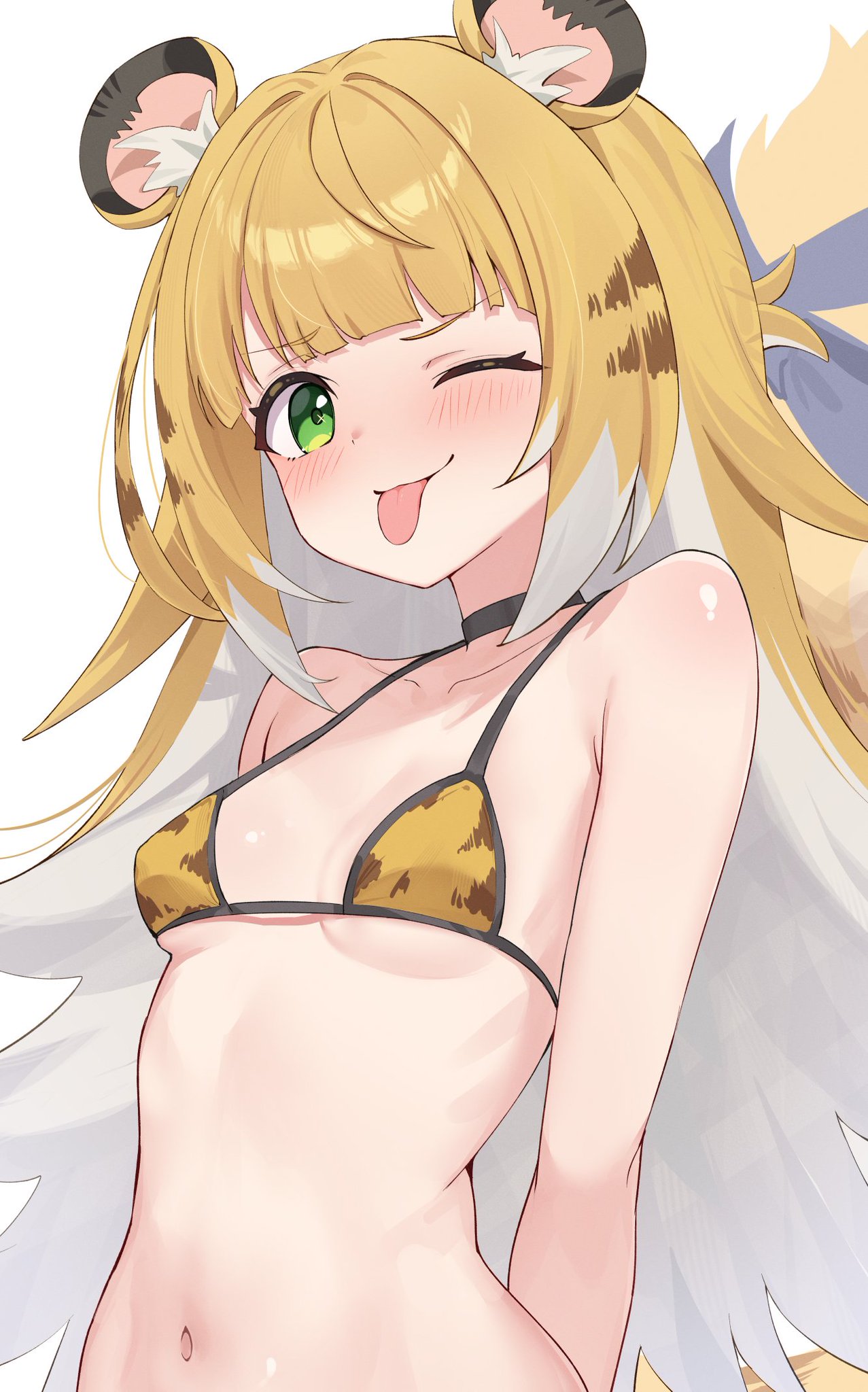 1girls, animal ears, bikini, bikini top, bitseon, blep, blonde hair, blunt bangs, blush, cat ears, catgirl, female, female only, green eyes, ju fufu, kemonomimi, long hair, navel, one eye closed, pale skin, pale-skinned female, petite, petite body, petite female, small breasts, striped bikini, striped hair, swimsuit, tiger girl, tiger print, tiger print bikini, tongue, tongue out, two-tone hair, wink, zenless zone zero