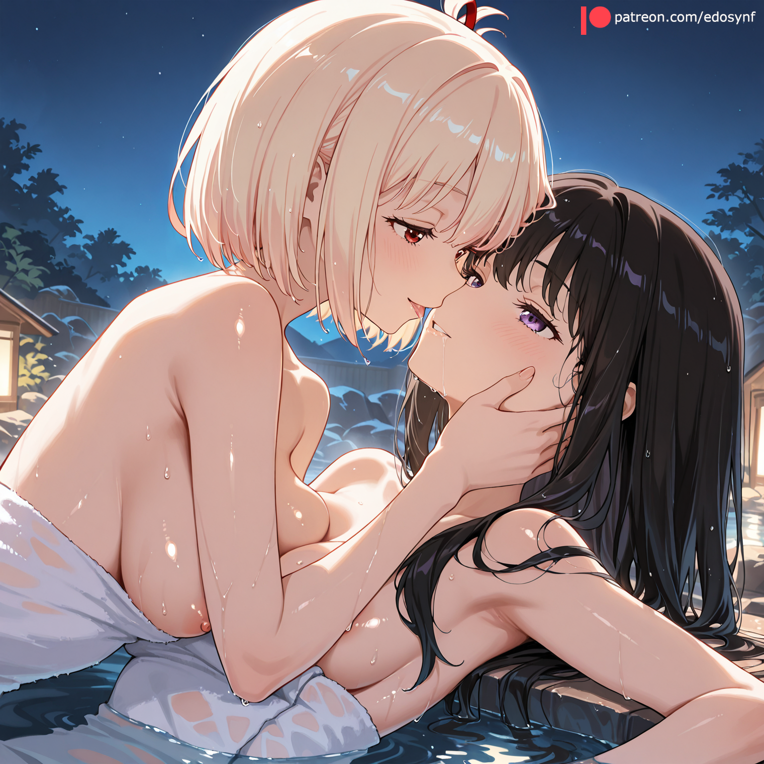 2girls, after kiss, ai generated, armpits, bangs, big breasts, black hair, blonde hair, blush, bob cut, breast press, breasts, breasts out, clear sky, closed mouth, collarbone, drool, drooling, edosynf, female, female only, female/female, fence, from side, half-closed eyes, hand on another's face, happy, highres, inoue takina, lamp, large breasts, leaning back, lesbian couple, lesbian kiss, light blush, long hair, looking at another, lycoris recoil, lying, medium breasts, multiple females, multiple girls, naked towel, night, nipples, nishikigi chisato, nude, nude female, on back, onsen, outdoors, partially submerged, pinned, purple eyes, red eyes, saliva, saliva drip, saliva trail, self upload, sexually suggestive, shiny, shiny hair, shiny skin, short hair, sideboob, star (sky), tits out, tongue, tongue out, topless, topless female, towel, water, wet, wet body, wet hair, white towel, wooden fence, yuri