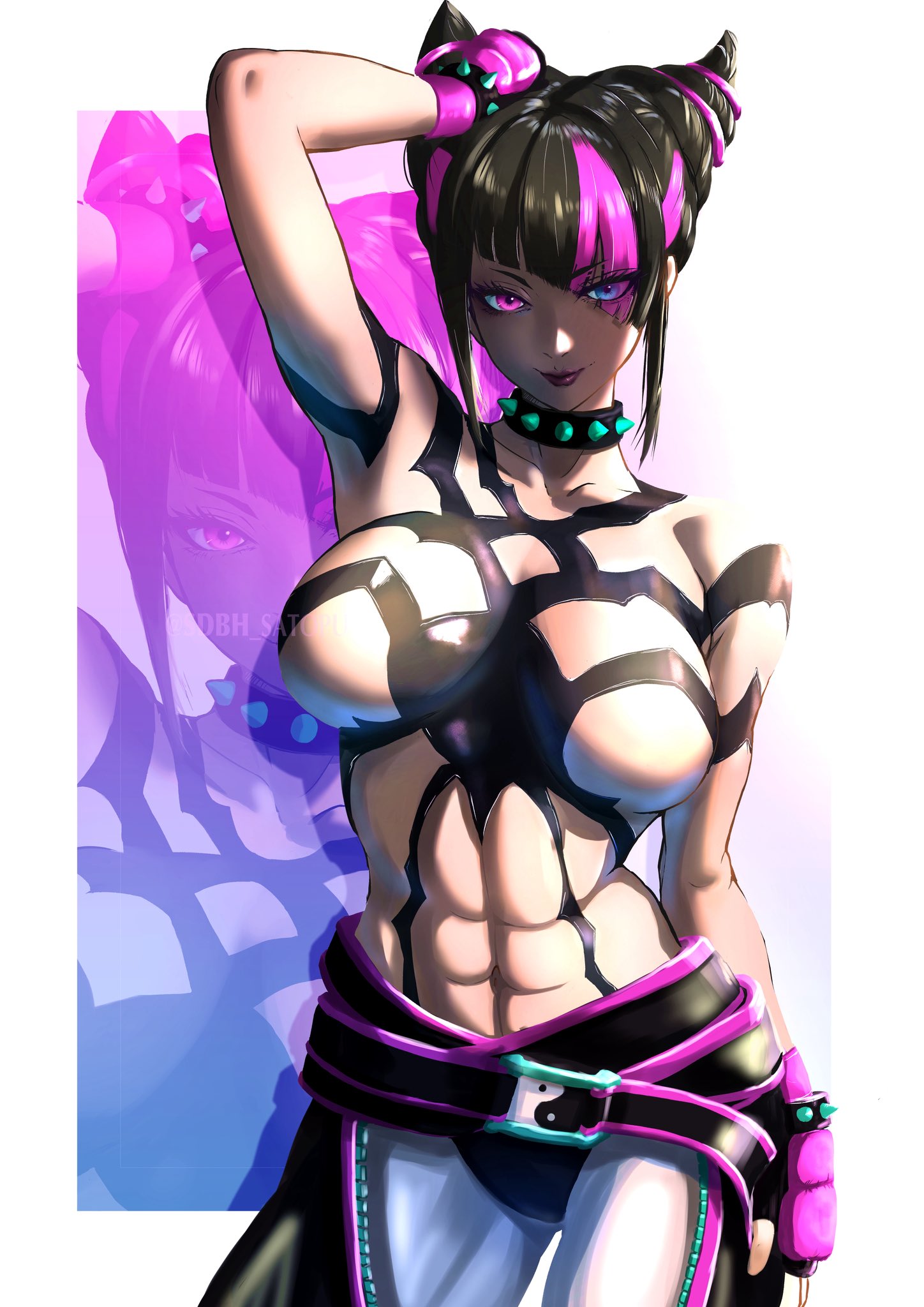 1girls, abs, artist name, barely covered breasts, big breasts, black hair, breasts, busty, capcom, female, hair over one eye, heterochromia, juri han, light skin, light-skinned female, muscular, muscular abdomen, muscular abs, pink streak, sdbh satopu, spiked collar, street fighter, upper body