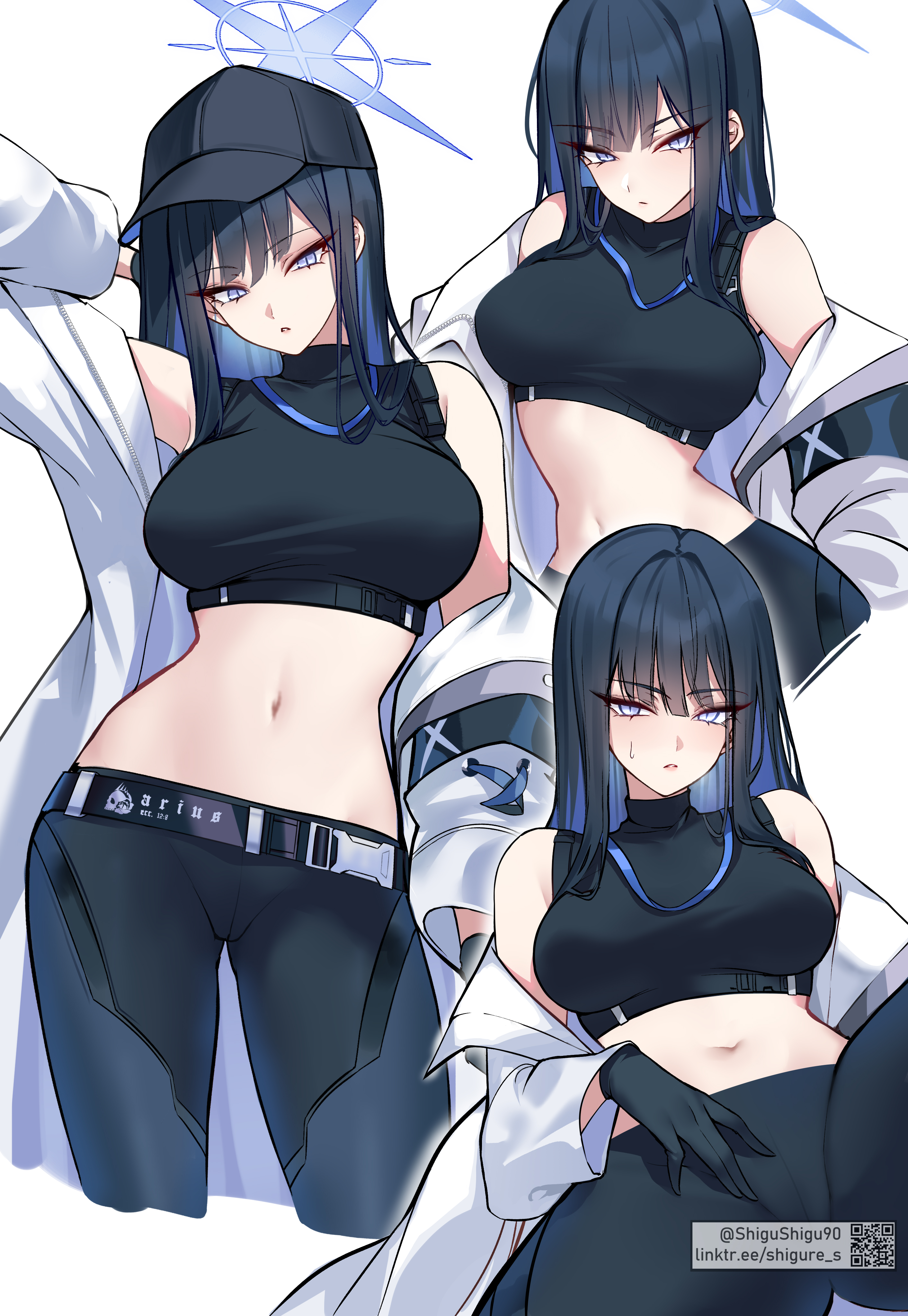 1girls, absurdres, artist name, black gloves, black hair, black pants, blue archive, blue eyes, blue hair, blue halo, blush, breasts, closed mouth, coat, colored inner hair, commentary, contrapposto, crop top, female, female only, gloves, halo, hand on own crotch, hat, highres, large breasts, long hair, long sleeves, looking at viewer, midriff, multicolored hair, multiple views, navel, nose blush, off shoulder, open clothes, open coat, pants, peaked cap, qr code, saori (blue archive), shigure s, simple background, stomach, tsurime, watermark, web address, white background, white coat