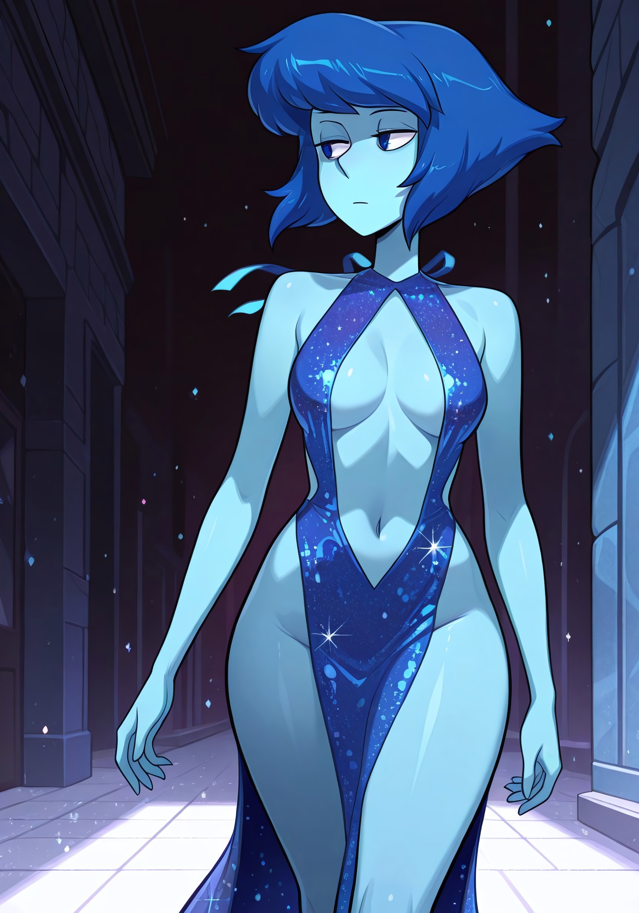 1girls, absurd res, ai generated, alien, alternate costume, bangs, bare shoulders, blue eyes, blue hair, blue skin, blue theme, breasts, building, center opening, civitai, collarbone, curvy, dress, expressionless, eyelashes, female, female focus, female only, gem (species), half-closed eyes, halter dress, halterneck, hips, humanoid, illustrious (stable diffusion), lapis lazuli (steven universe), looking away, looking to the side, medium breasts, navel, no bra, no panties, pelvic curtain, pinup, plunging neckline, revealing clothes, shiny skin, short hair, skimpy, solo, solo female, steven universe, thighs, walking, wide hips