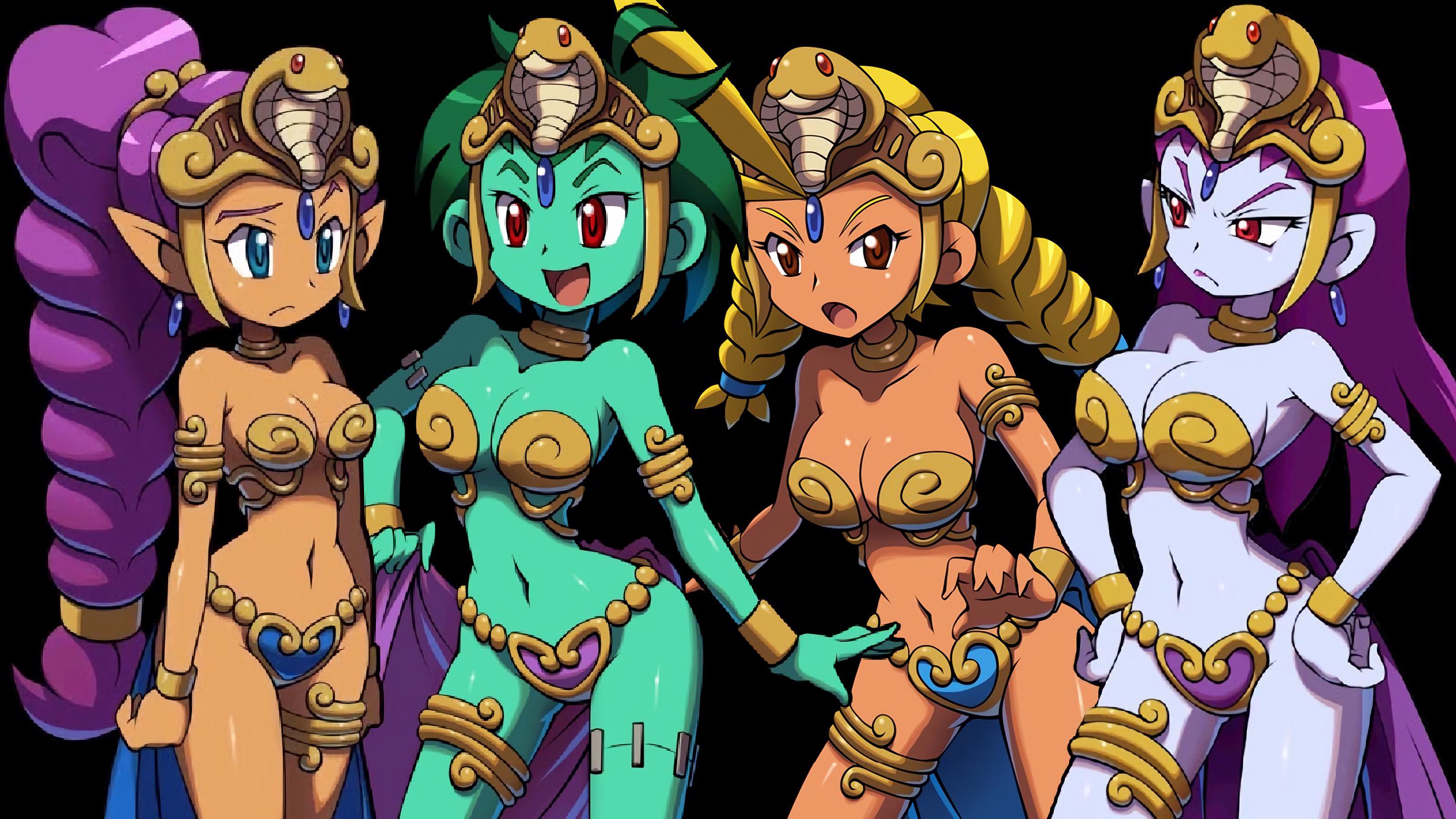 2d, 2d (artwork), 2d artwork, 4girls, anime style, animedrawing, animestyle, bare legs, bare midriff, bare shoulders, bare thighs, barefoot, belly button, belly dancer, belly dancer outfit, big breasts, blonde hair, blonde tail, blue ear piercing, blue ear ring, blue earring, blue earrings, blue eyes, blue gem, blue gemstone, blue heart pasties, blue loincloth, bra, bracelet, breasts, brown hair, cleavage, collar, crown, dancer, dancer class, dancer outfit, dancer risky boots, dancer rottytops, dancer shantae, dancer sky, ear piercing, ear ring, earring, earrings, elf ears, eyelashes, female, female only, gem, gem earrings, gem on forehead, gemstone, genie, genie girl, gold (metal), gold bikini, gold bikini bottom, gold bikini top, gold bra, gold bracelets, gold collar, gold crown, gold headdress, gold headwear, gold jewelry, gold thigh ring, golden bikini, golden bikini bottom, golden bikini top, golden bra, golden bracelets, golden collar, golden crown, golden headwear, golden thigh ring, green hair, green skin, half genie, harem, harem girl, harem girls, harem jewelry, harem outfit, headdress, headgear, headwear, heart pasties, hourglass figure, hourglass figured female, human, indie game, kou (makoto yabe), loincloth, long hair, long ponytail, medium breasts, metal bikini, metal bra, metal collar, middle eastern, middle eastern clothing, middle eastern female, midriff, multiple females, multiple girls, navel, open mouth, pale skin, pink heart pasties, pink loincloth, pirate, pirate girl, png, pointy ears, ponytail, princess outfit, princesses, purple hair, purple heart pasties, purple lips, purple lipstick, purple loincloth, red eyes, risky boots, rottytops, shantae, shantae (character), shantae and the pirate's curse, short hair, sky (shantae), slave, slave bikini, slave collar, slave girl, slave outfit, small boobs, small breasts, stiches, tan skin, tanline island, thick thighs, thigh ring, tongue, twintails, video game, video game character, video game franchise, video games, wayforward, zombie girl