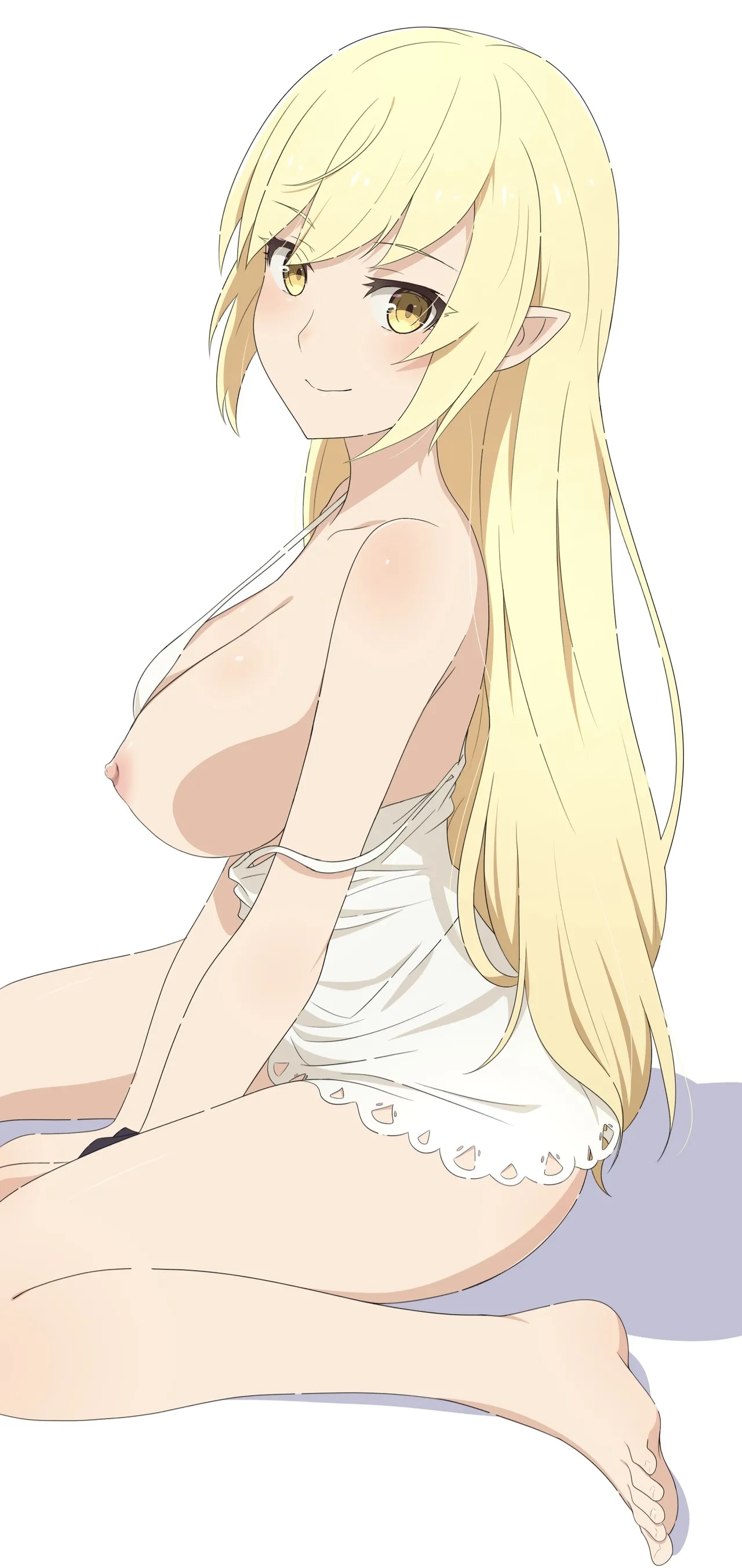 1girls, bakemonogatari, bangs, blonde hair, breasts, exposed breasts, female, kiss-shot acerola-orion heart-under-blade, large breasts, long hair, looking at viewer, monogatari (series), na-suke, one breast out, oshino shinobu, partially clothed, pointy ears, smile, too small clothes, vampire, yellow eyes
