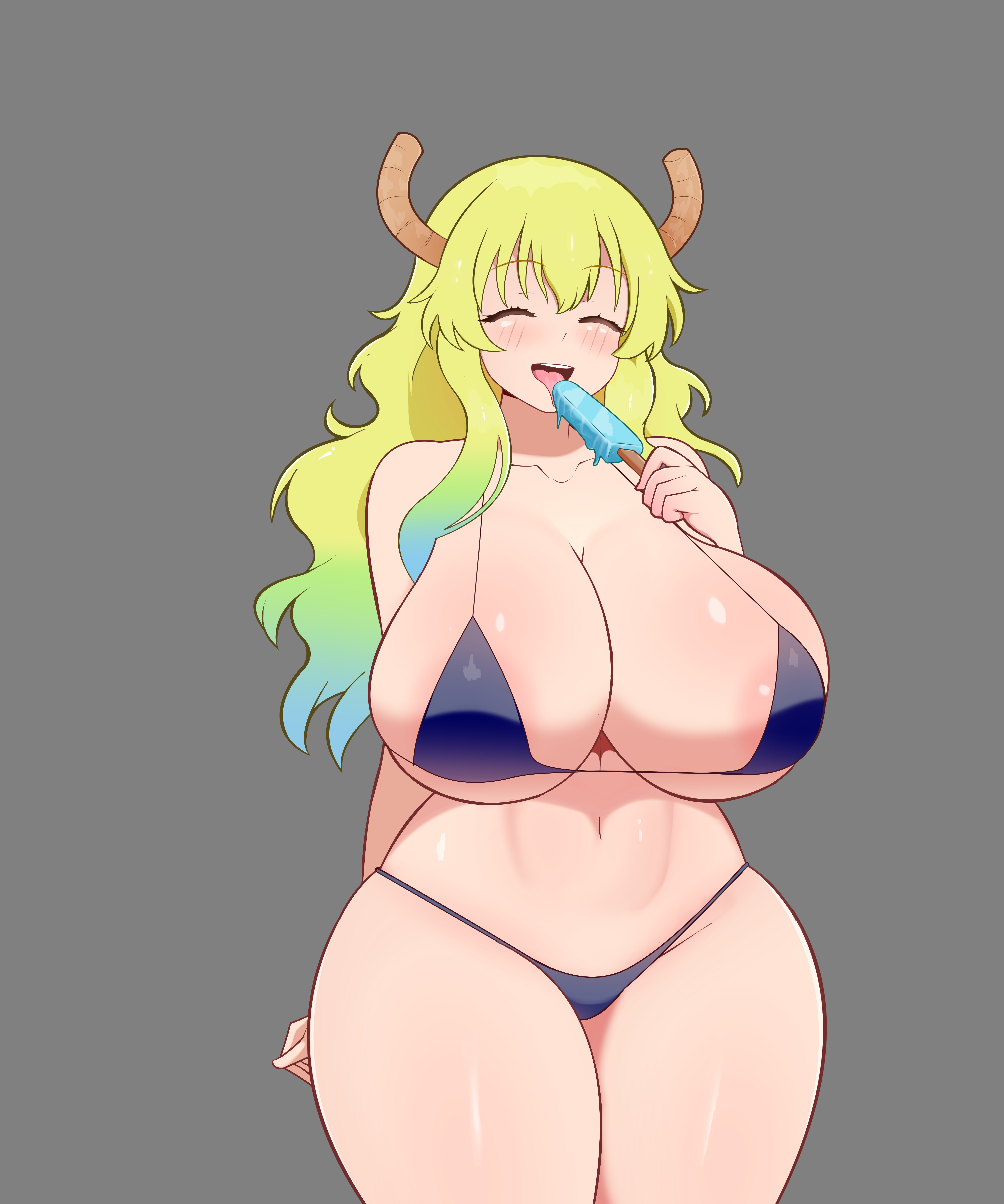 1girls, big ass, big breasts, bikini, bradleyfun?, breasts, female, full body, green hair, ice cream, long hair, lucoa, maid dragon, miss kobayashi's dragon maid, solo, standing, yellow hair