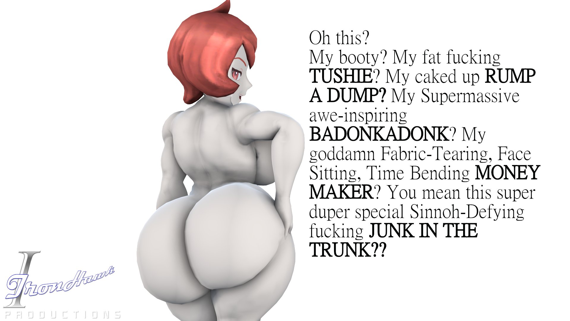 1girls, 3d, 3d (artwork), arezu (pokemon), ass, ass focus, ass size talk, big ass, bragging, completely nude, dirty talk, female, female only, huge ass, human, human only, ironhawk, looking at viewer, looking back, meme, naked, naked female, nude, nude female, oh these? (meme), pokemon, red hair, short hair, size talk, solo, solo female, text