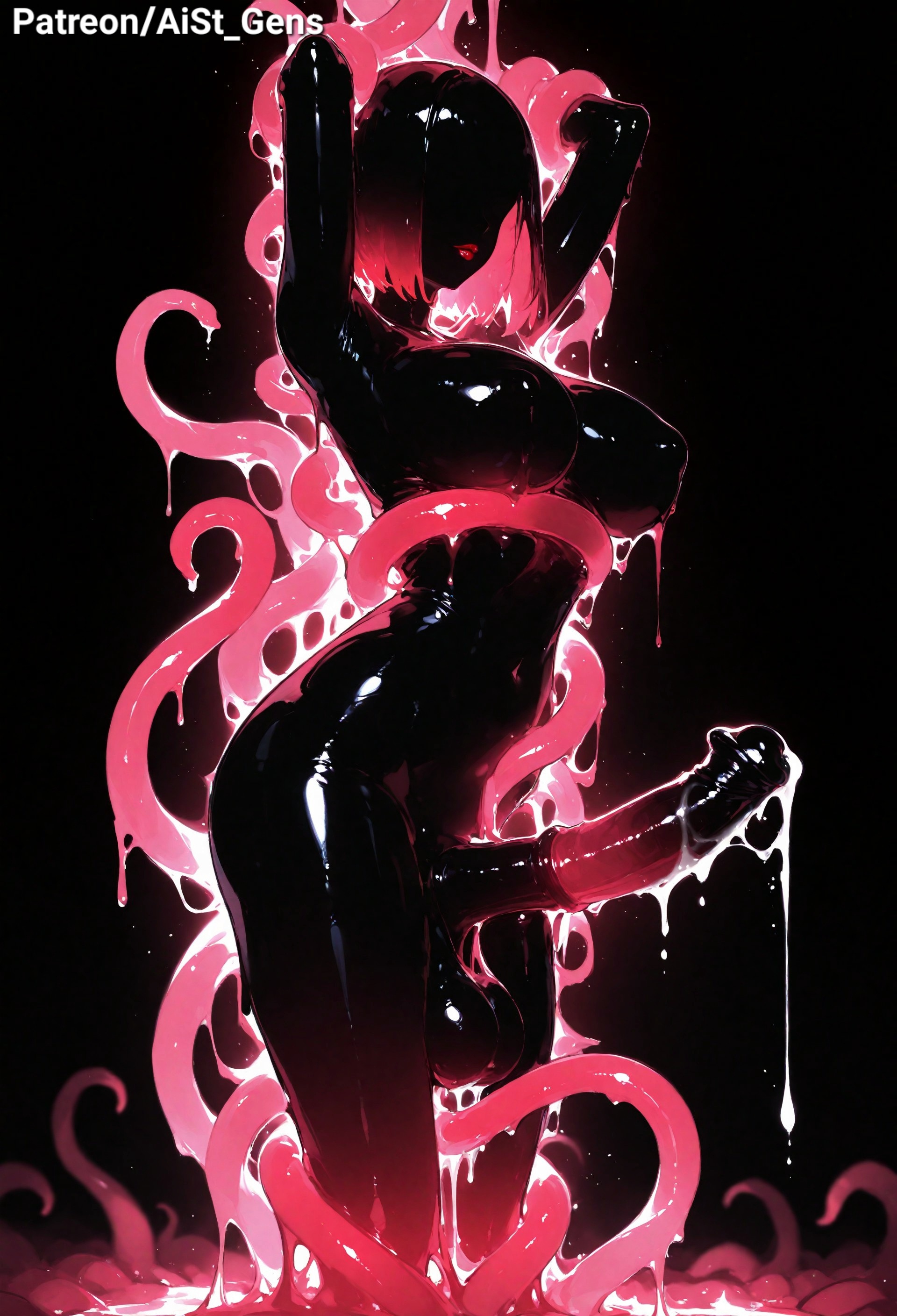 ai generated, aist , animal genitalia on humanoid, ass, balls, black body, black hair, black skin, cum, cum drip, cum in ass, cum in mouth, faceless, futanari, glowing egg, glowing hair, high heels, horsecock, horsecock on humanoid, intersex, no eyes, original, penis, red penis, red tentacles, tentacle, tentacle rape, tentacle sex, testicles