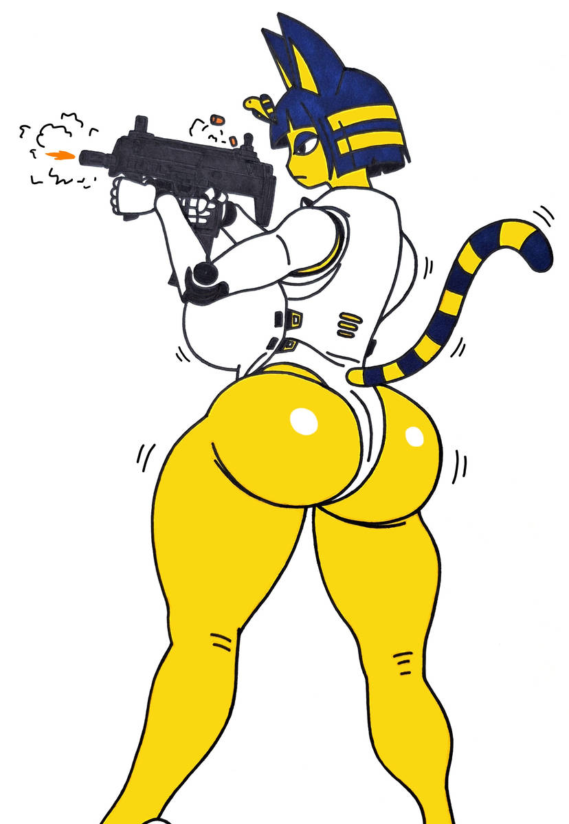1girls, animal crossing, ankha, ankha (animal crossing), ass, ass focus, ass out, big ass, breasts, breasts bigger than head, cat ears, cat tail, female, female focus, female only, gun, haggardnanachi, haydee, haydee (cosplay), haydee (game), huge breasts, solo, solo female, solo focus, tagme, tail