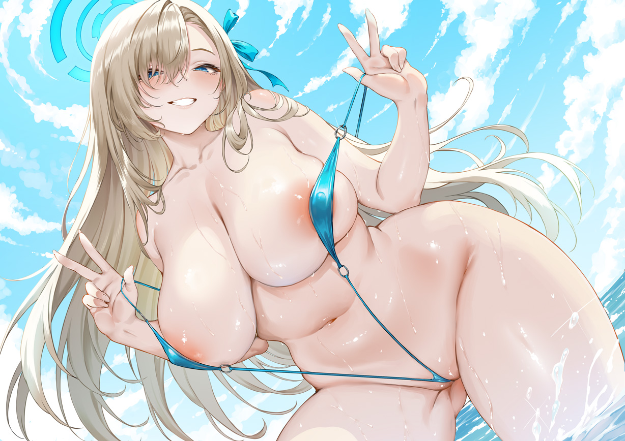 1girls, alternate costume, aoi sakura (seak5545), aqua halo, aqua one-piece swimsuit, aqua ribbon, areola slip, ass visible through thighs, asuna (blue archive), blonde hair, blue archive, blue eyes, blush, breasts, cleaning & clearing (blue archive), cleavage, collarbone, day, female, hair ornament, hair ribbon, halo, hands up, large breasts, light skin, light-skinned female, long hair, looking at viewer, millennium science school student, navel, one-piece swimsuit, outdoors, parted lips, ribbon, slingshot swimsuit, smile, solo, stomach, swimsuit, water, wet