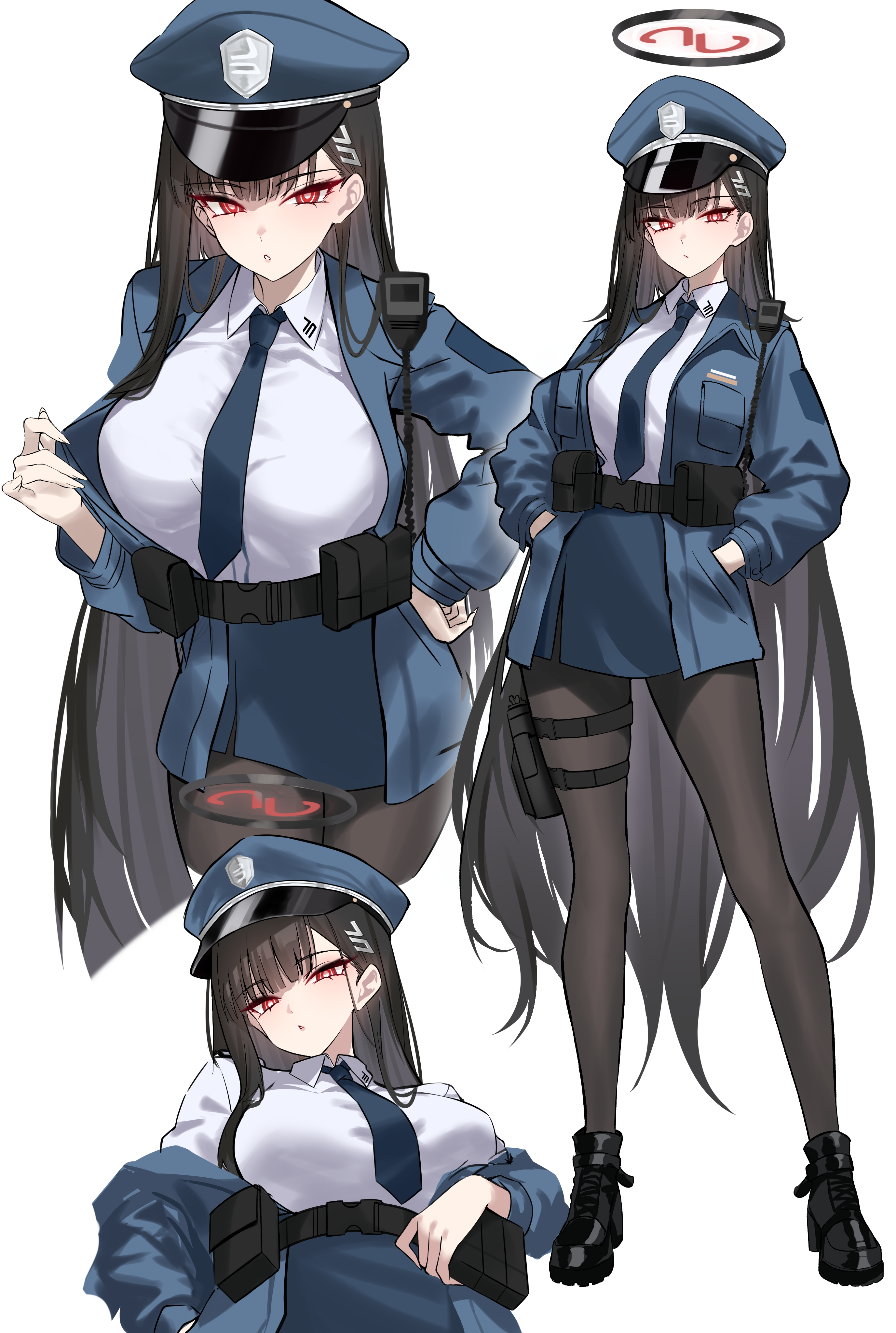 1girls, absurdres, alternate costume, black hair, black necktie, black pantyhose, blue archive, blue hat, blue skirt, blush, breasts, bright pupils, closed mouth, collared shirt, commentary, female, female only, full body, fully clothed, gun, hair ornament, hairclip, halo, handgun, hat, highres, holster, holstered, large breasts, long hair, long sleeves, looking at viewer, multiple views, necktie, pantyhose, parted lips, police, police hat, police uniform, policewoman, red eyes, rio (blue archive), shigure s, shirt, simple background, skirt, standing, thigh holster, thighs, uniform, weapon, white background, white pupils, white shirt