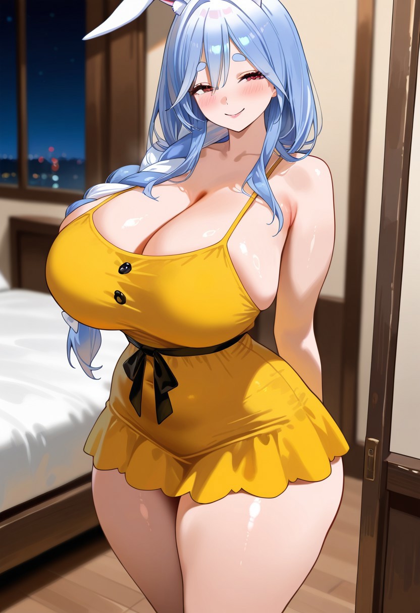 1girls, 2025, ai generated, arms behind back, babydoll, bed, bed sheet, bedroom, blush, braid, breasts, bunny ears, bunny girl, cleavage, collarbone, curvy, female, hololive, huge breasts, indoors, legendarypull, leotard, long hair, low-tied long hair, mature, mature female, milf, pekomama, smile, smiling, solo, stockings, thick thighs, thighs, virtual youtuber, wide hips, yellow babydoll