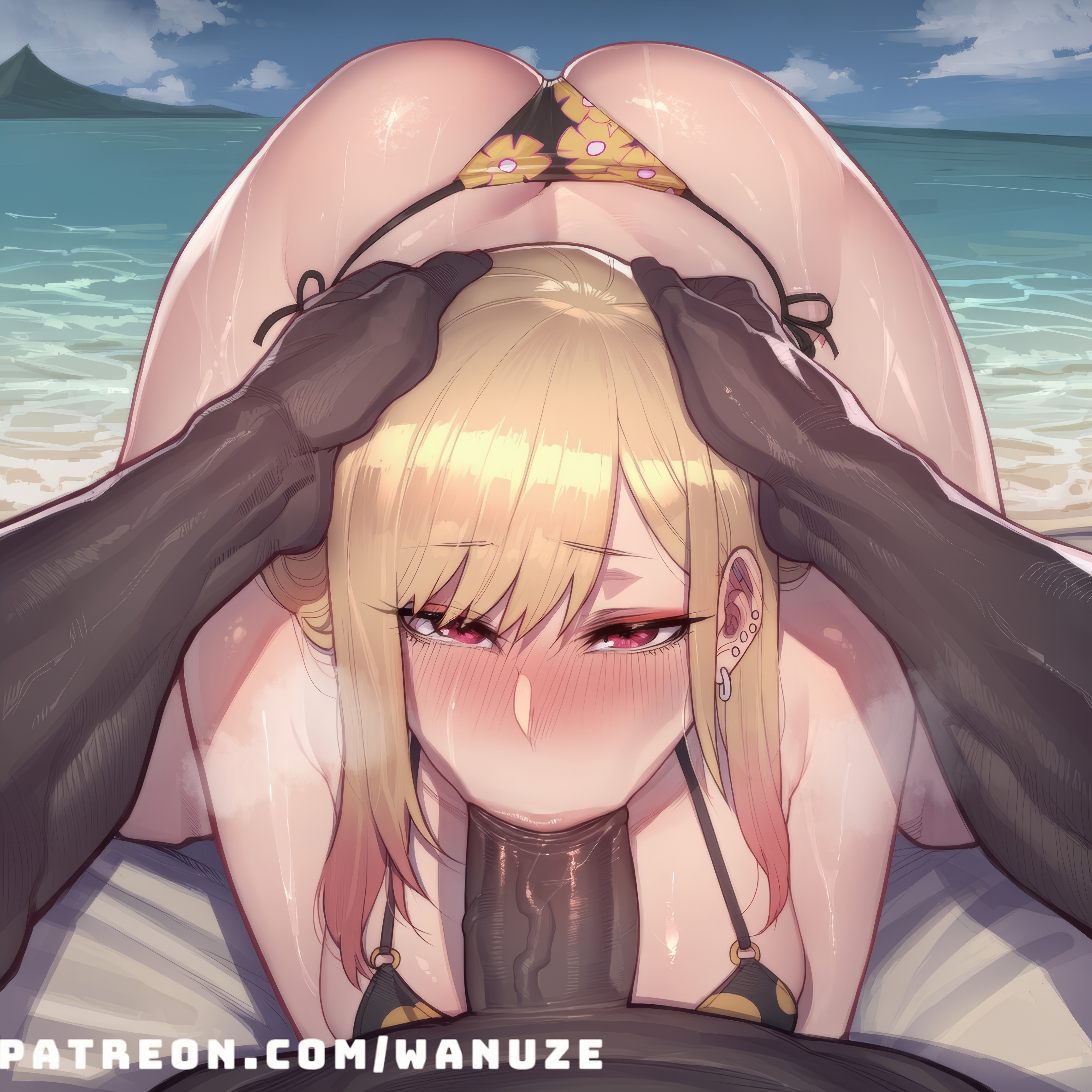 ai generated, ass, bald, balls, big ass, big balls, big breasts, big butt, big penis, big thighs, bikini, blonde hair, blowjob, blowjob face, blush, breasts, dark skin, dark-skinned male, erection, faceless male, fellatio, female, flower bikini, head grab, huge ass, huge balls, huge breasts, huge butt, huge cock, huge thighs, kitagawa marin, kneeling, male, muscular, muscular male, oral, penis, pink eyes, pov, sono bisque doll wa koi wo suru, uncensored, wanuze, wide hips