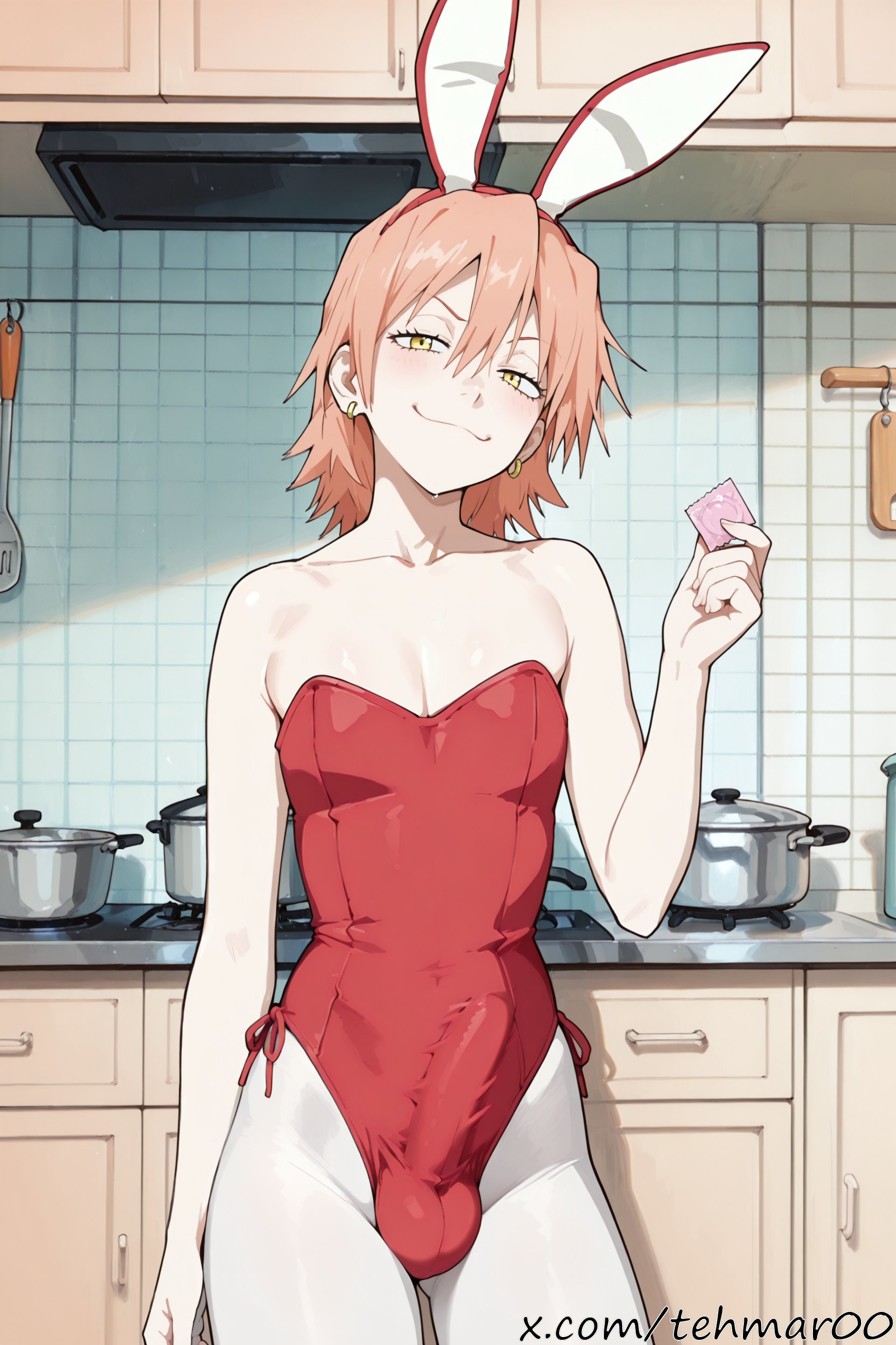 1boy, ai generated, bare shoulders, bulge, bunny ears, bunnysuit, condom, earrings, femboy, flat chest, flcl, genderswap (ftm), haruko haruhara, holding condom, indoors, kitchen, looking at viewer, male, penis, penis outline, pink hair, rule 63, smile, suggestive, tagme, tehmar, trans woman, transfem, trap, white pantyhose, yellow eyes