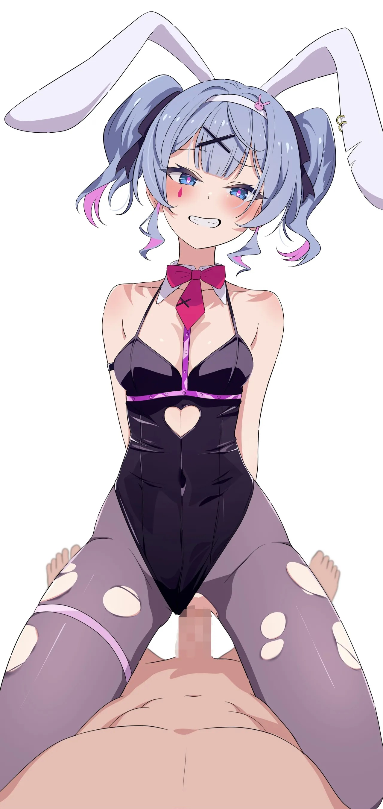 1boy, 1girl, 1girls, animal ears, anonymous male, arms behind back, bangs, bare shoulders, black leotard, blue eyes, blue hair, blush, blushing, blushing at viewer, bow, bowtie, breasts, bunny ears, bunnysuit, censored, censored penis, clothed female nude male, clothed sex, collarbone, covered navel, cowgirl position, detached collar, ear piercing, facial mark, fake animal ears, female, girl on top, grin, hair ornament, hair ribbon, hairband, hairclip, hatsune miku, heart, heart-shaped pupils, hetero, human male, leotard, looking at viewer, male, mosaic censoring, multicolored hair, muscular, muscular male, na-suke, necktie, nude, pantyhose, penis, piercing, pink hair, pixelated, pixelated penis, playboy bunny, pov, purple hair, pussy, rabbit ears, rabbit hole (vocaloid), ribbon, riding, riding penis, ripped clothing, ripped pantyhose, sex, simple background, small breasts, smile, solo focus, straddling, straight, streaked hair, symbol-shaped pupils, teeth, thigh strap, tie, torn clothes, twintails, two-tone hair, unseen male face, vaginal, virtual youtuber, vocaloid, white background, x hair ornament