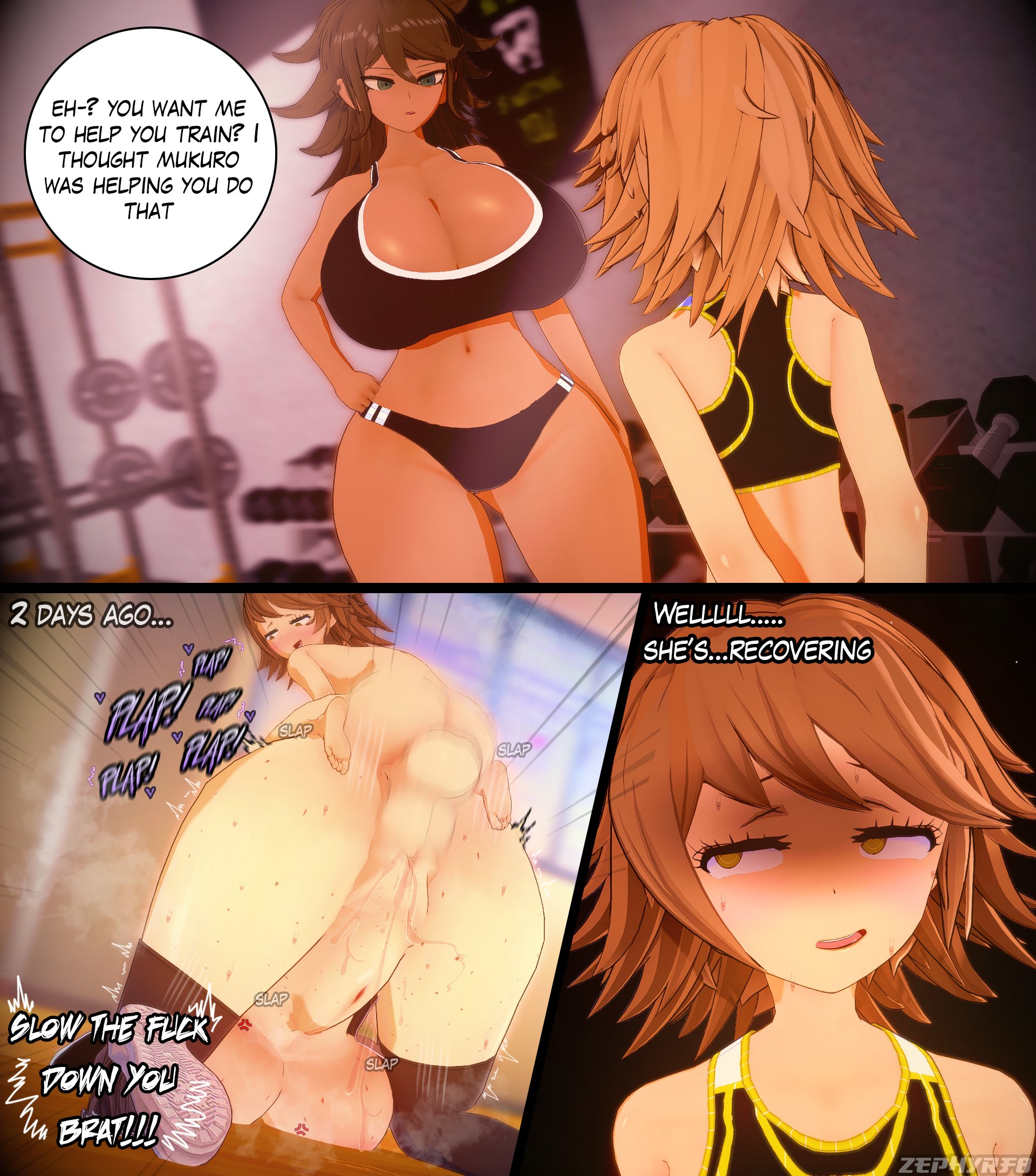 3d, bigger female, breasts, danganronpa, dark-skinned female, female, femboy, femboy on female, femboydom, fujisaki chihiro, gym, gym uniform, huge breasts, koikatsu, light-skinned male, male, mukuro ikusaba, owari akane, sex, straight, tomboy, zephyrf8