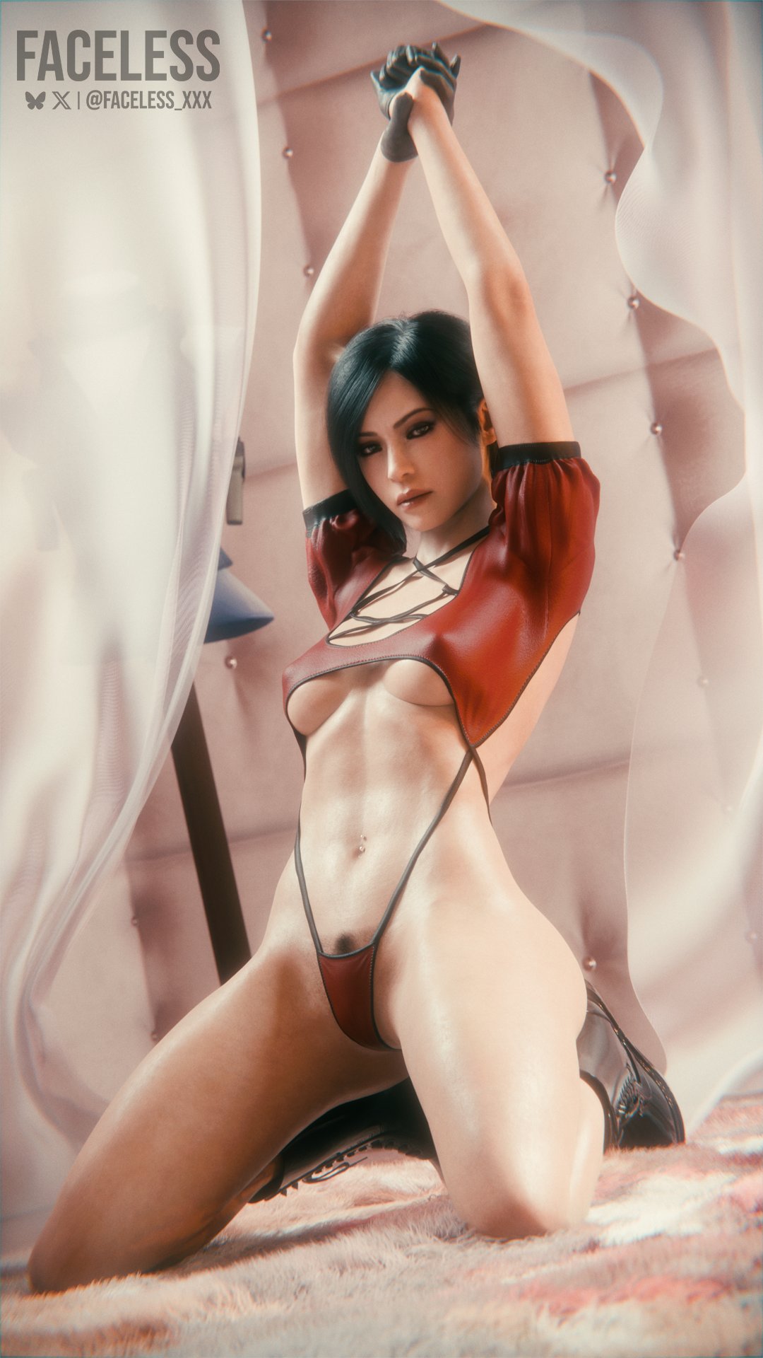 1girls, 2025, 3d, ada wong, ada wong (adriana), arms up, biohazard, black gloves, black hair, breasts, brown eyes, covered nipples, curtains, eyeliner, faceless xxx, female, female only, female pubic hair, female torso, gloves, half gloves, indoors, knee high boots, kneehigh boots, kneeling, kneeling on ground, leather gloves, legs apart, lipstick, looking at viewer, navel, navel piercing, nipple bulge, padded room, pink room, pokies, pubic hair, pubic hair peek, resident evil, resident evil 2, resident evil 2 remake, resident evil 4, resident evil 4 remake, short hair, sling thong, solo, underboob