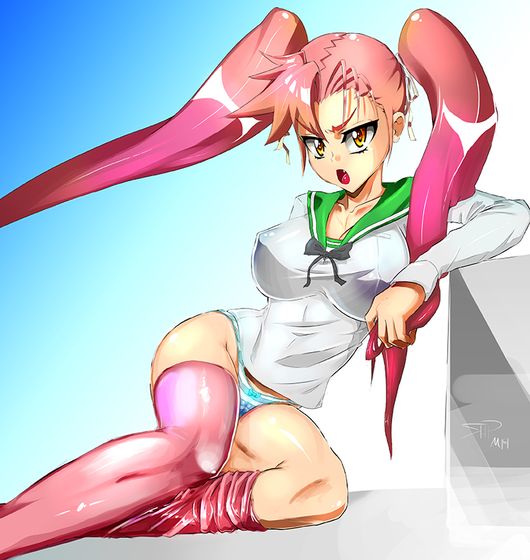 female female_only highschool_of_the_dead hkid nipples orange_eyes panties pink_hair pink_socks saya_takagi shimapan socks solo striped striped_panties thigh_socks thighhighs