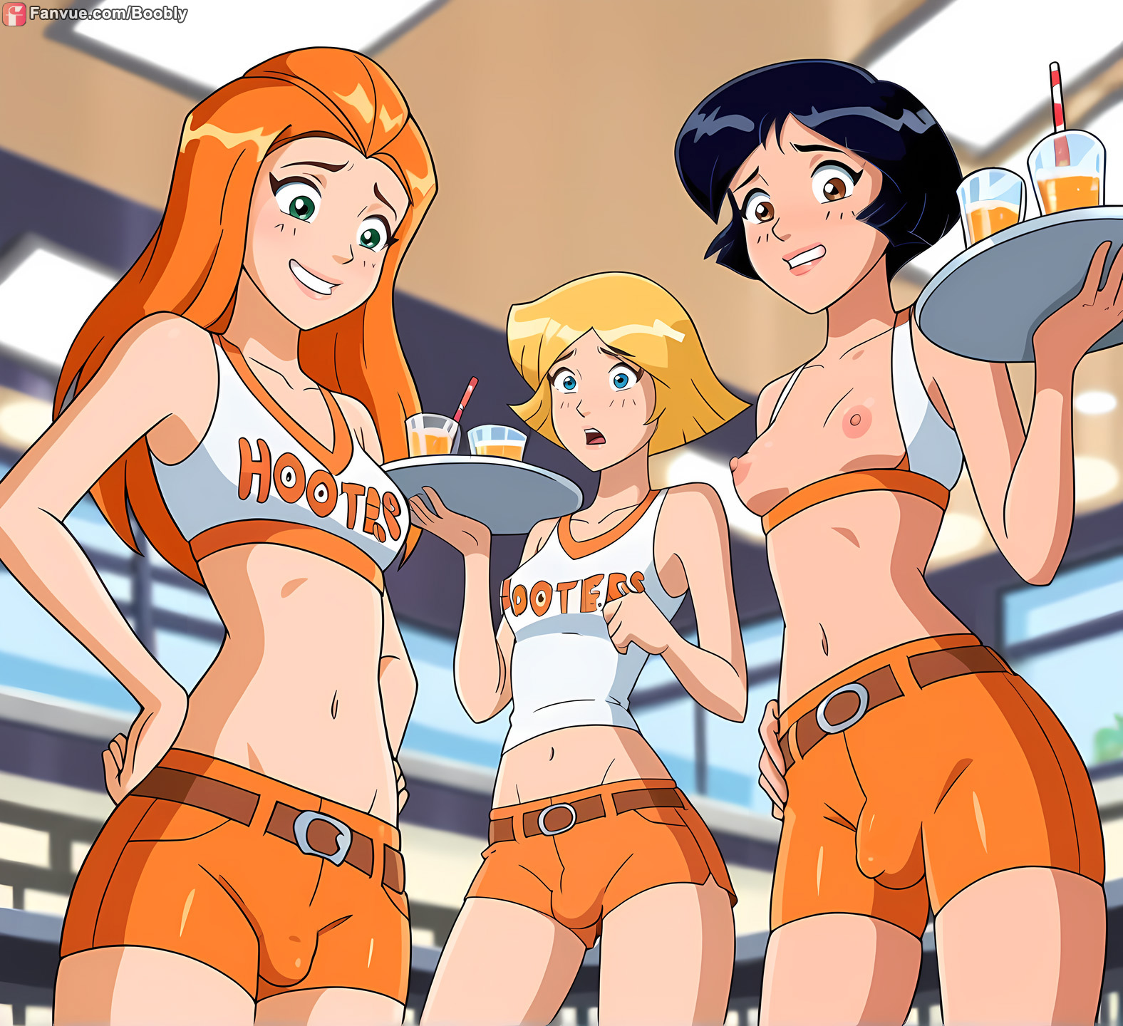 3futas, ai generated, alex (totally spies), black hair, blonde hair, blue eyes, boobly, brown eyes, clover (totally spies), from behind, from below, futa on futa, futa with futa, futanari, hooters, hooters uniform, intersex, orange hair, penis, penis bulge, sam (totally spies), totally spies