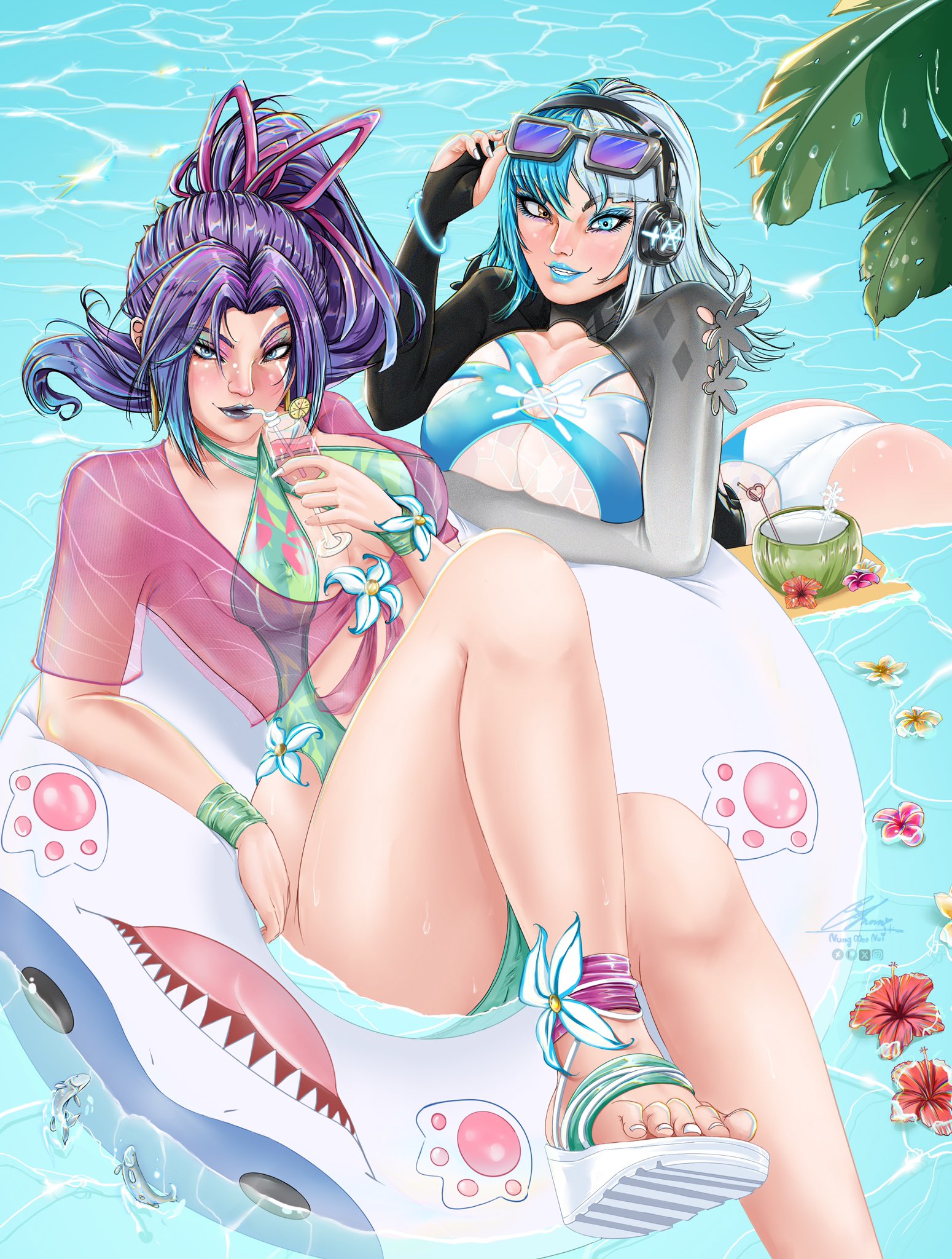 2girls, artist signature, big breasts, blue hair, breasts, bubble butt, busty, cyan lipstick, female, floating, high heel sandals, jeff the land shark, legs, light skin, light-skinned female, luna snow, luna snow (cool summer), luna snow (marvel rivals), marvel, marvel comics, marvel rivals, nungmeenui, open toe shoes, psylocke, psylocke (sai) (breezy butterfly), purple hair, swimsuit, white hair