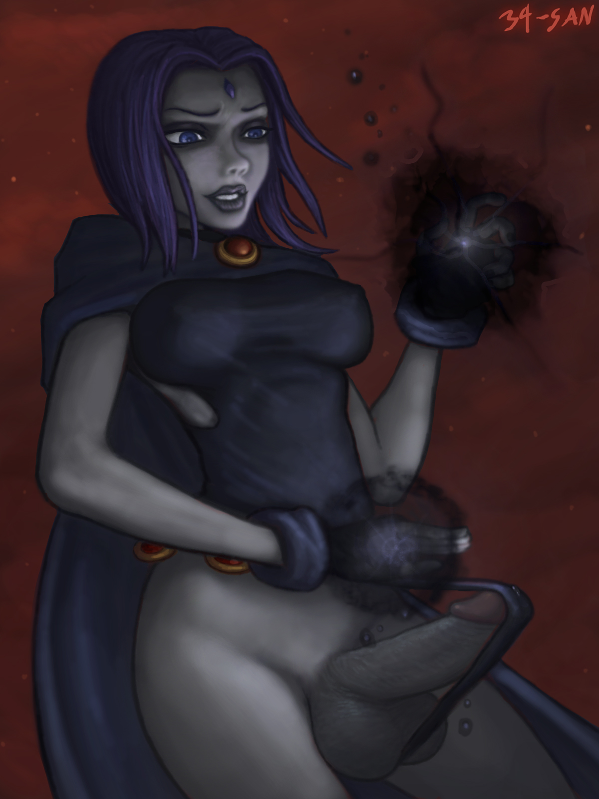 1futa, 34-san, balls, blue eyes, blue hair, breasts, cape, clothes, dc, dc comics, erect nipples, erection, full-package futa, futa only, futanari, gloves, goth, grey skin, hourglass figure, intersex, large penis, leotard, magic, nipples, penis, penis under leotard, precum, rachel roth, raven (dc), short hair, solo, solo futa, standing, teen titans, testicles