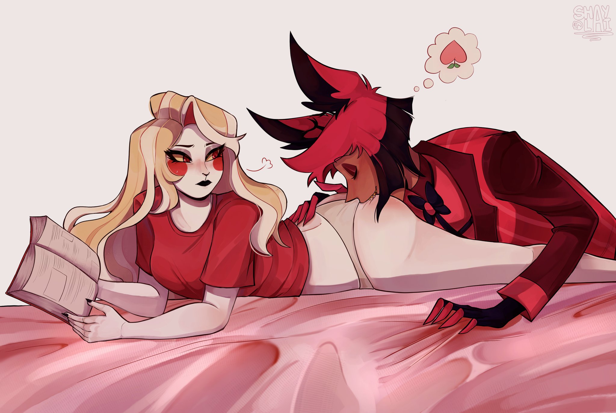 1boy, 1boy1girl, 1boy1girls, 1girls, alastor (hazbin hotel), ass, ass worship, bare ass, bed, bed sheet, biting ass, blonde female, blonde hair, blushed face, book, charlie morningstar (hazbin hotel), closed eyes, damuko (kxmx4323), demon, demon girl, female, hand on ass, hazbin hotel, laying on bed, laying on stomach, looking at partner, male, panties, peach (fruit), reading book, red shirt, shaylai , shirt, thought bubble, underwear, white panties
