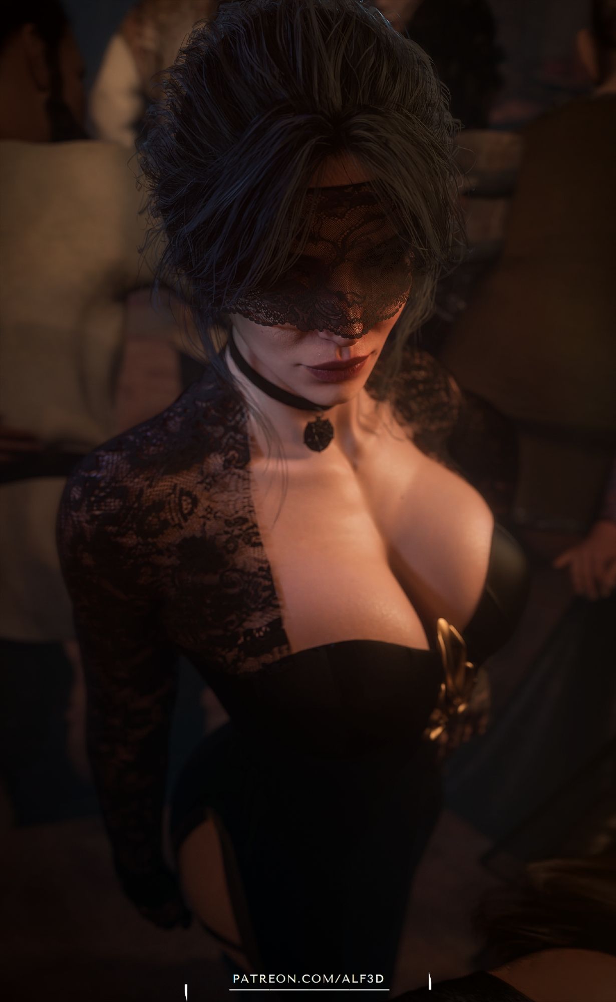 3d, alf3d, big breasts, black dress, black hair, breasts, cd projekt red, choker, clothing, female, light skin, light-skinned female, mask, masked, masked female, necklace, solo, solo female, the witcher (series), the witcher 3: wild hunt, yennefer