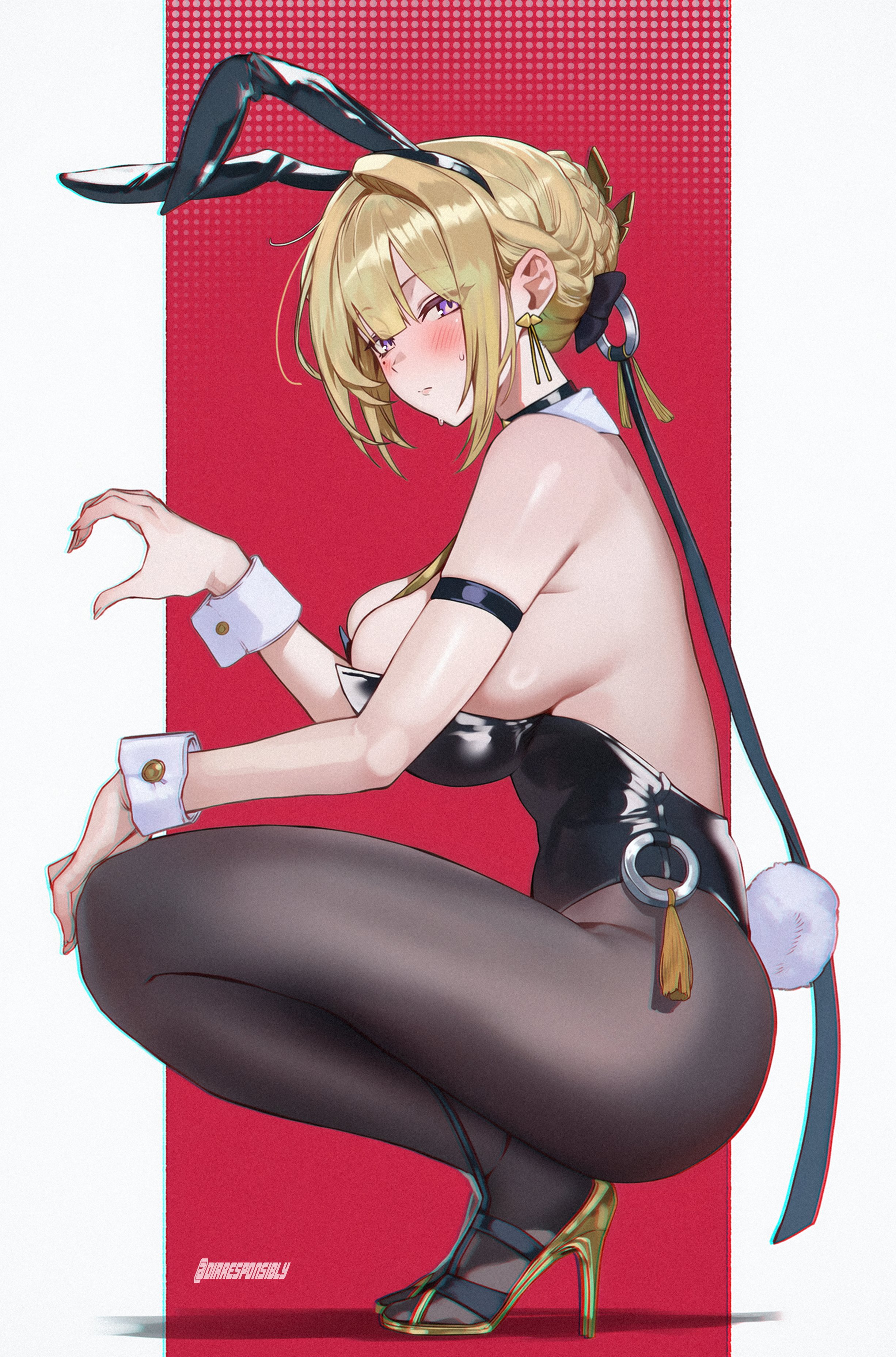 1girls, ai generated, animal ears, bangs, bare shoulders, black footwear, black legwear, black leotard, blonde hair, blush, braid, breasts, bunny ears, bunny girl, bunny tail, bunnysuit, detached collar, dirresponsibly, earrings, evelyn chevalier, fake animal ears, fake tail, from side, high heels, highleg leotard, jewelry, large breasts, leotard, looking at viewer, pantyhose, purple eyes, solo, squatting, strapless, strapless leotard, tagme, tail, wrist cuffs, zenless zone zero