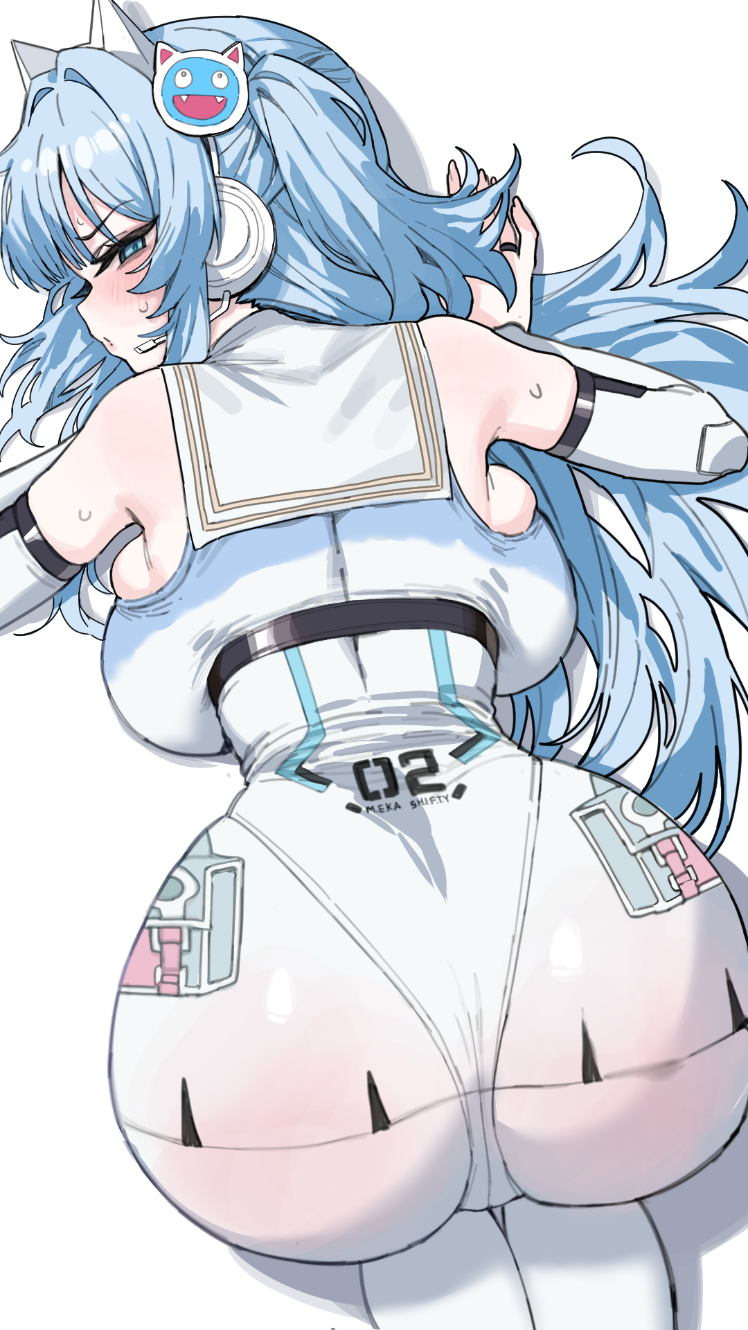 1girls, all fours, ass, backboob, bare shoulders, blue eyes, blue hair, blush, bodysuit, breasts, detached sleeves, goddess of victory: nikke, headphones, large breasts, long hair, looking at viewer, looking back, mekami shifty, mochirong, number print, parted lips, shifty (nikke), simple background, skin tight, solo, spanked, sweat, twintails, white background, white bodysuit
