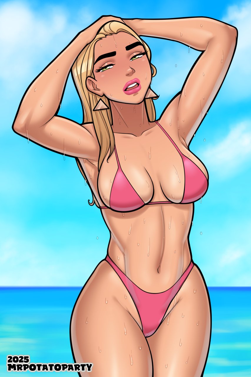 1girls, bikini, blonde hair, earrings, eyelashes, female, female only, green eyes, hands on head, long hair, looking at viewer, mrpotatoparty, nadia hughes, narrowed eyes, original, pink bikini, pink lipstick, solo, thick eyebrows, wet body, young