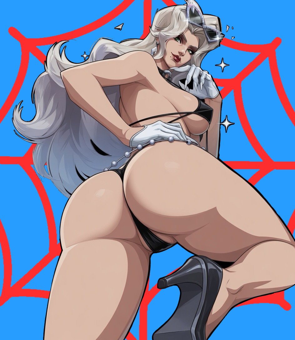 1girls, ai generated, ass focus, big butt, bikini, black cat (marvel rivals), black cat (marvel), bra, bubble butt, caked up, cheesecake, darkgelda, felicia hardy, gloves, high heels, huge ass, huge breasts, intersex, looking at viewer, looking back, marvel, marvel rivals, sunglasses, sunglasses on head, thong