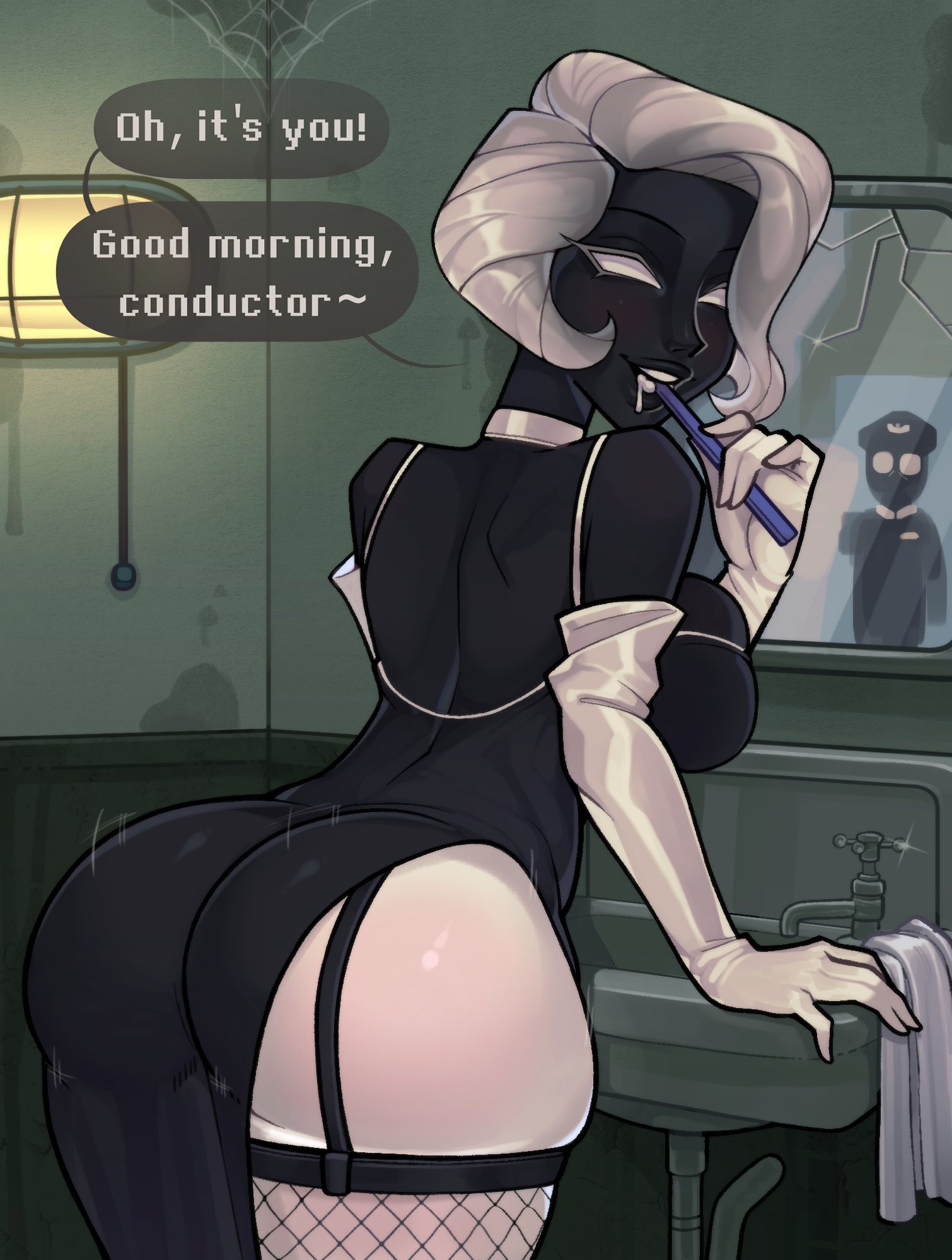 1girls, 2d, ass, bathroom, beholder (series), beholder conductor, big ass, black body, black skin, blush, breasts, broken mirror, brushing teeth, dialogue, dress, english text, female, foaming at the mouth, garter straps, green background, michelle shimanskaya, mirror reflection, one girl, one man, piccolonsfw, smiling, speech bubble, text, tights, white eyes, white gloves, white hair, winston smith (beholder)