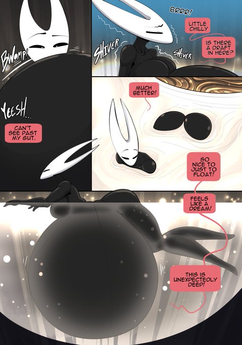 2026, 4 panel comic, absurd res, arthropod, ass focus, belly, belly expansion, belly focus, big belly, biped, black body, black eyes, black text, breasts, comic, cumflated, cumflated belly, cumflation, dialogue, english text, exclamation point, exposed ass, eyebrows, female, fingers, hollow knight, hollow knight (franchise), hollow knight: silksong, hornet (hollow knight), huge belly, humanoid, hyper belly, low res, motion lines, naked, naked female, nude, partially submerged, peeking out, solo, sound effects, speech bubble, swimming, talking to self, team cherry, text, underwater, vale-city, water, white text