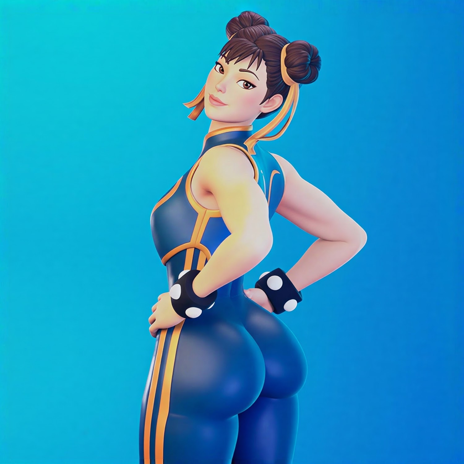 1girls, 3d, alternate costume, artist request, ass, ass focus, big ass, big butt, blue background, blue bodysuit, bodysuit, booty, bracelet, brown eyes, brown hair, bubble butt, butt, butt focus, chun-li, chun-li (fortnite), female, fortnite, hair bun, hand on hip, looking at viewer, looking back, ribbon, simple background, solo, spikes, street fighter, street fighter alpha, thick thighs, track suit