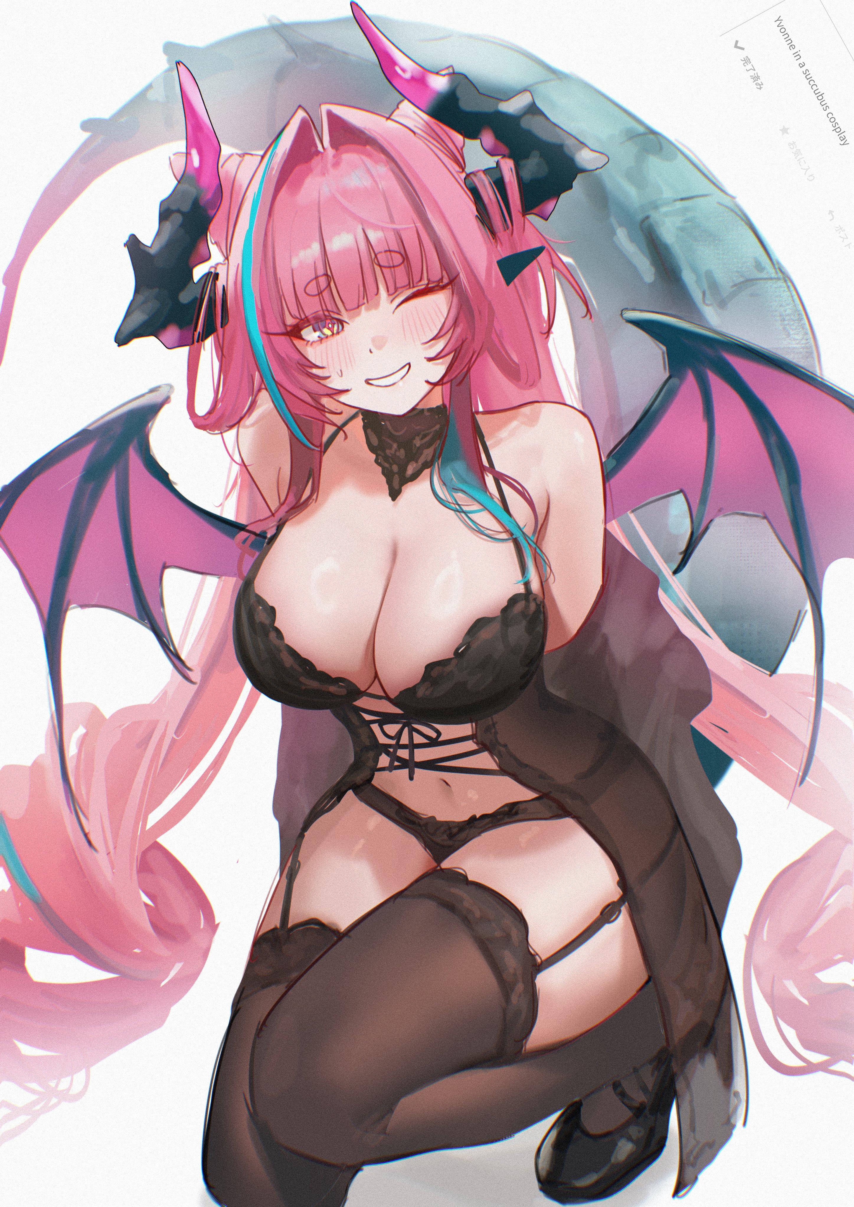 ;), 1girl, absurdly long hair, absurdres, arknights, arknights: endfield, babydoll, black babydoll, black horns, black panties, black shoes, black thighhighs, blue hair, breasts, cleavage, dragon girl, dragon horns, dragon tail, hair intakes, hair on horn, highres, horns, large breasts, long hair, midriff, multicolored hair, multicolored horns, navel, one eye closed, panties, pink hair, pink horns, pointy ears, shoes, smile, solo, tail, thighhighs, thighs, two-tone hair, two-tone horns, underwear, uof, very long hair, yvonne (arknights: endfield)