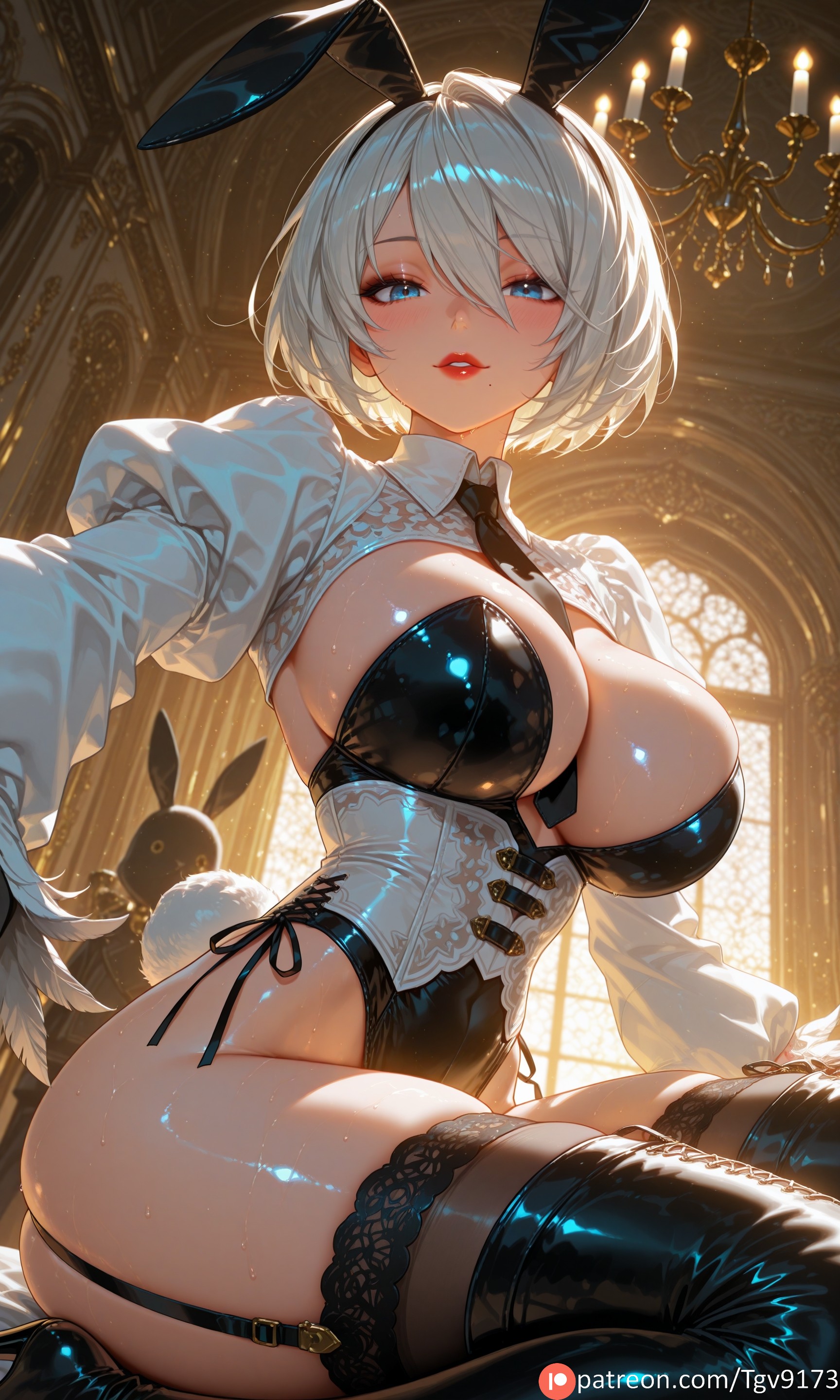 1girl, 2b (nier:automata), ai generated, alternate breast size, alternate breast size (larger), animal ears, ass, bangs, between breasts, black footwear, black leotard, black thighhighs, blue eyes, blush, boots, breasts, cleavage, commission, commissions open, fake animal ears, garter straps, gloves, high heel boots, high heels, highleg, highleg leotard, highres, indoors, juliet sleeves, large breasts, leotard, lips, long sleeves, looking at viewer, mole, mole on breast, mole under mouth, necktie, nier, nier (series), nier: automata, parted lips, patreon, pixiv link, pixiv sample, playboy bunny, puffy sleeves, rabbit ears, rabbit tail, self upload, shiny, shiny clothes, shiny hair, shiny skin, short hair, shrug (clothing), sitting, solo, sweat, tail, tgv9173, thick thighs, thigh boots, thighhighs, thighhighs under boots, thighs, white hair, yorha 2b