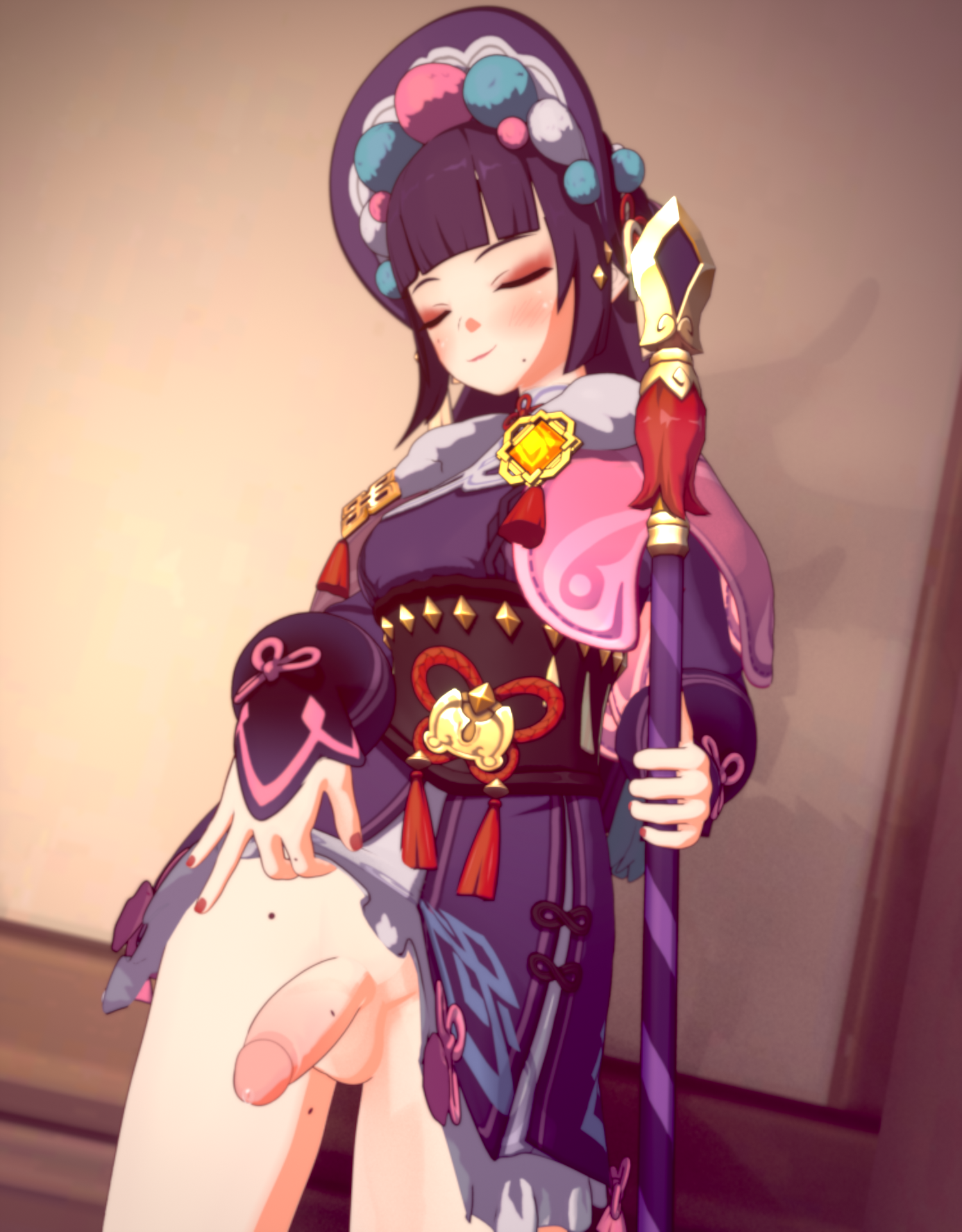 1futa, 3d, balls, beauty mark, blender (software), blush, breasts, circumcised, closed eyes, clothed, futa only, futanari, genshin impact, girlcock, hat, headwear, holding object, hoyoverse, light-skinned futa, mihoyo, mole, mostly clothed, no panties, passengerlamp, penis, skirt, skirt lift, solo, solo female, solo focus, solo futa, testicles, thighs, uncensored, yun jin (genshin impact)