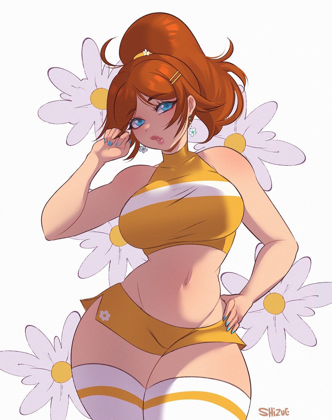 1girls, 2d, 2d (artwork), artist name, breasts, busty, busty female, curvaceous, curvy, curvy figure, female, female focus, female only, large breasts, light skin, light-skinned female, looking at viewer, mario (series), midriff, princess daisy, questionable, shizuerenai, simple background, solo, solo female, thick thighs, thighs, voluptuous, voluptuous female, white background, wide hips