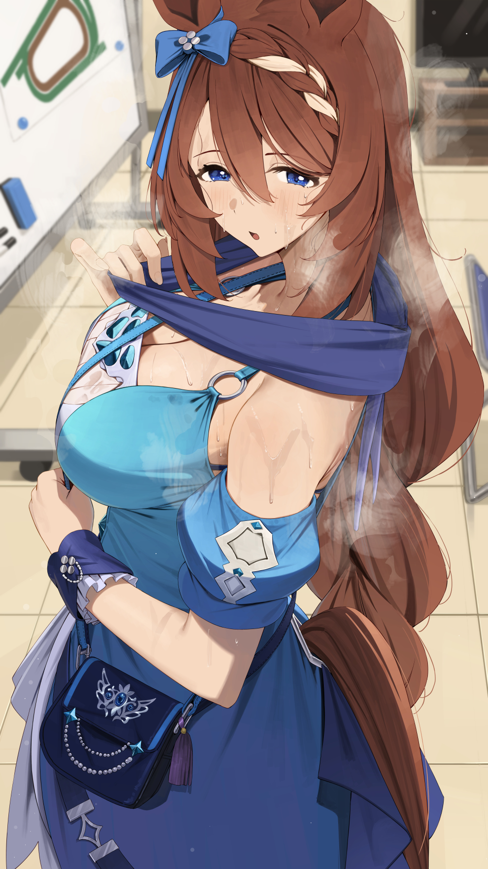 1girl, animal ears, bag, blue bag, blue dress, blue eyes, blush, braid, braided bangs, breasts, brown hair, brown tail, cleavage, detached sleeves, dress, from side, hair between eyes, highres, horse ears, horse girl, large breasts, long hair, looking at viewer, low-braided long hair, low-tied long hair, multicolored hair, ningen gokko, ningengokko24, o-ring, open mouth, puffy sleeves, shoulder bag, solo, steaming body, streaked hair, super creek (murmuring stream) (umamusume), super creek (umamusume), sweat, tile wall, tiles, umamusume, very sweaty, white streaks, whiteboard