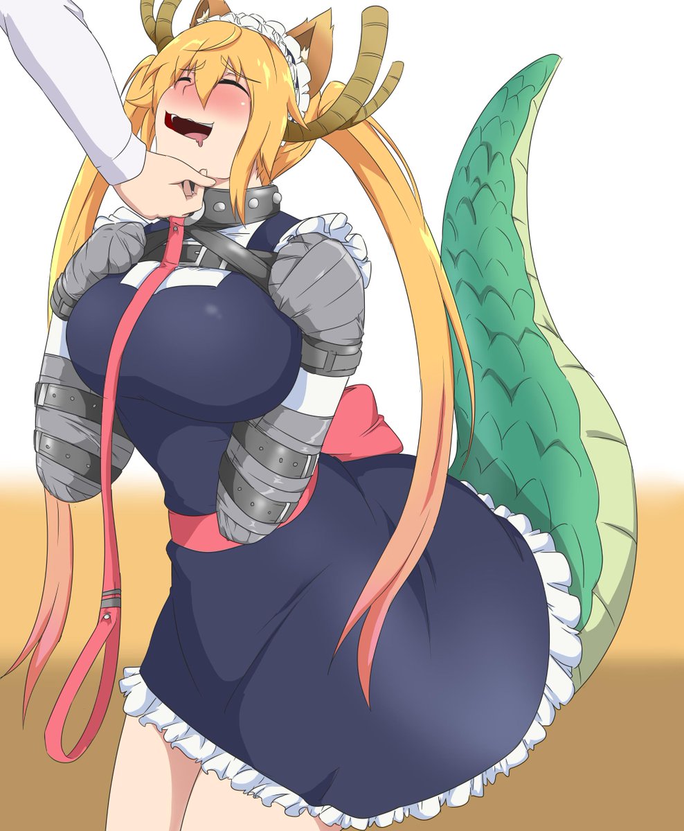 1girls blush bondage bound collar dominated embarrassed female_only femsub green_scales happy_sub horn horns leash maid miss_kobayashi's_dragon_maid neko_ears open_mouth ryner-e submissive_female tail tape taped_arms taped_hands tohru_(dragon_maid)