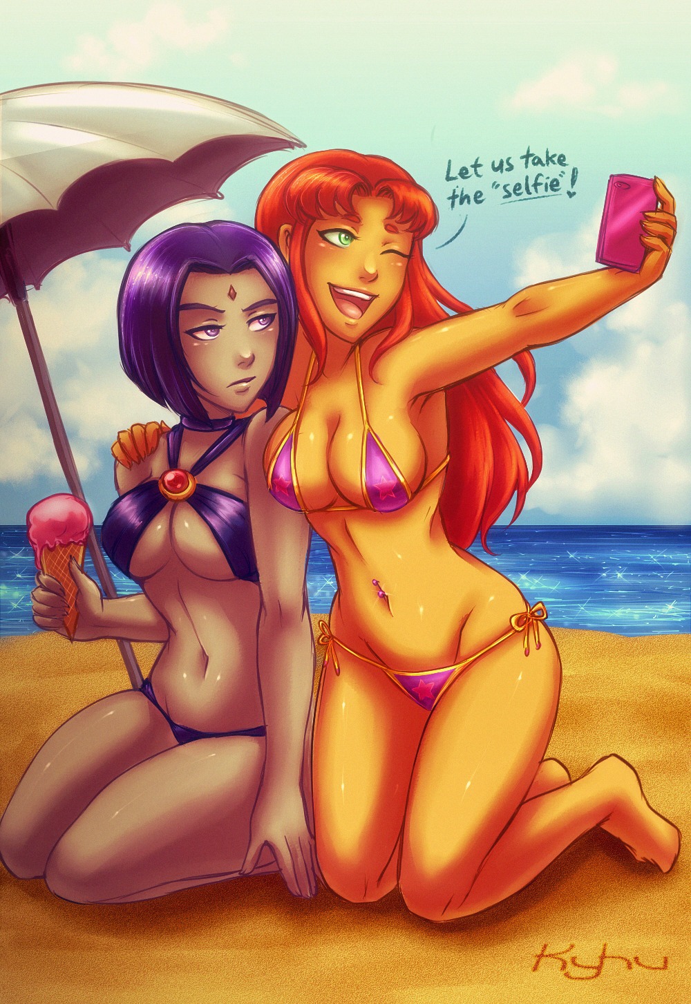 2girls bikini cleavage color day dc dc_comics female female_only green_eyes hourglass_figure ice_cream interspecies k-y-h-u kneeling long_hair medium_breasts multiple_females navel navel_piercing open_mouth orange_hair outdoors piercing purple_eyes purple_hair rachel_roth raven_(dc) selfie short_hair smile starfire swimsuit teen_titans wink