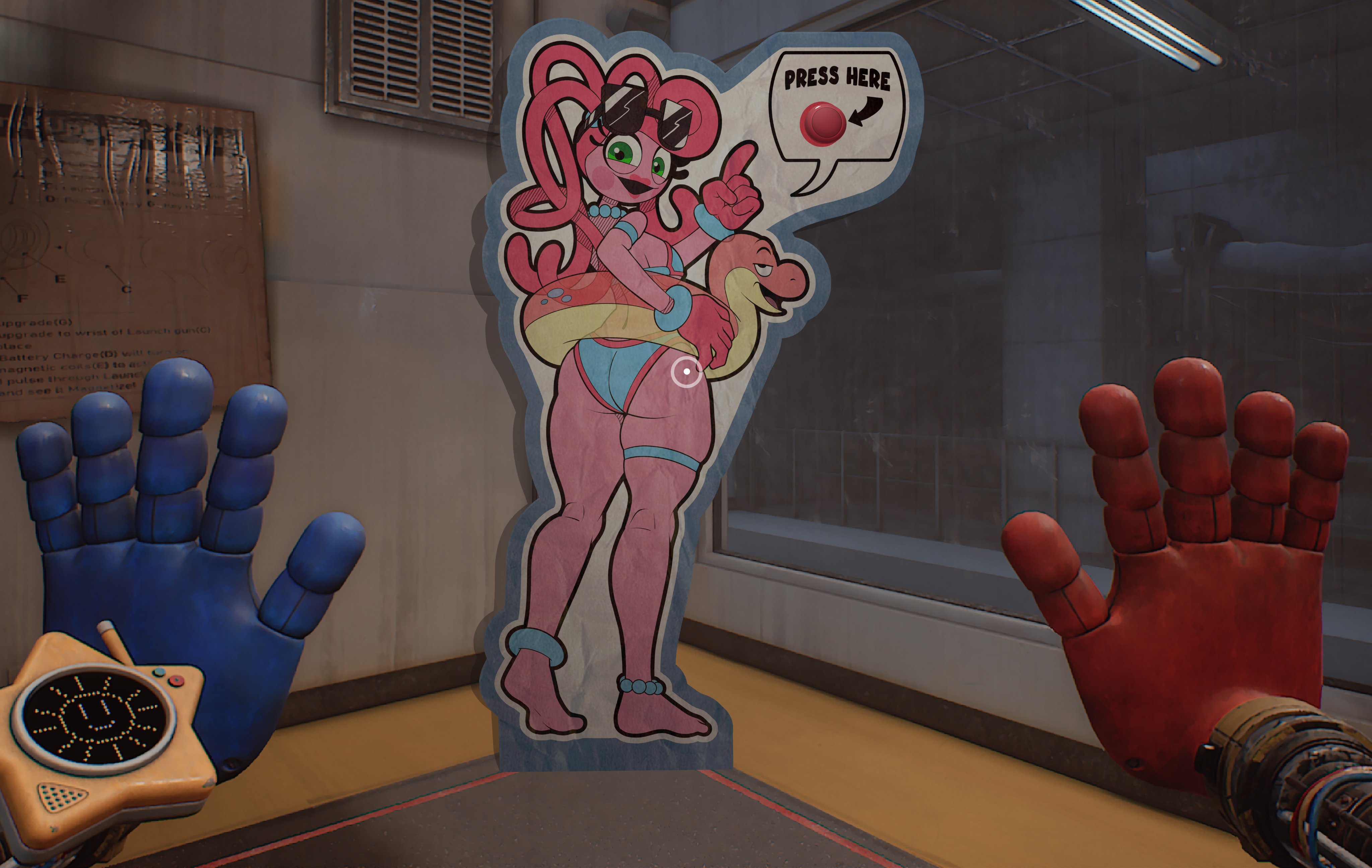 1girls, 2026, ass, barely clothed, big ass, big breasts, bikini, breasts, bron (poppy playtime), cardboard cutout, cutout, edit, eyelashes, female, floatie, game screenshot, grabpack, green eyes, hips, living toy, looking back, mob entertainment, mommy long legs, necklace, pink body, pink hair, player (poppy playtime), poppy playtime, poppy playtime (chapter 5), sunglasses, sunglasses on head, thick thighs, thighs, toy, wheatly101, wide hips