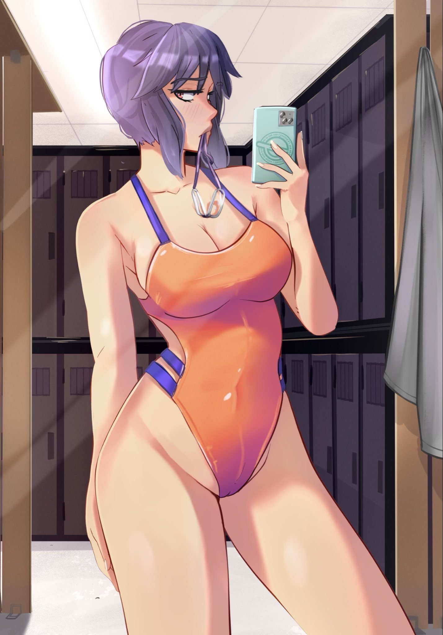 1girls, blysill, breasts, brown eyes, changing room, cleavage, female, female only, ghost in the shell, ghost in the shell stand alone complex, hair, hips, holding phone, kusanagi motoko, medium breasts, object in mouth, one-piece swimsuit, orange swimsuit, phone, purple hair, selfie, selfie pose, short hair, solo, solo female, swimming goggles, swimsuit, swimwear, thighs