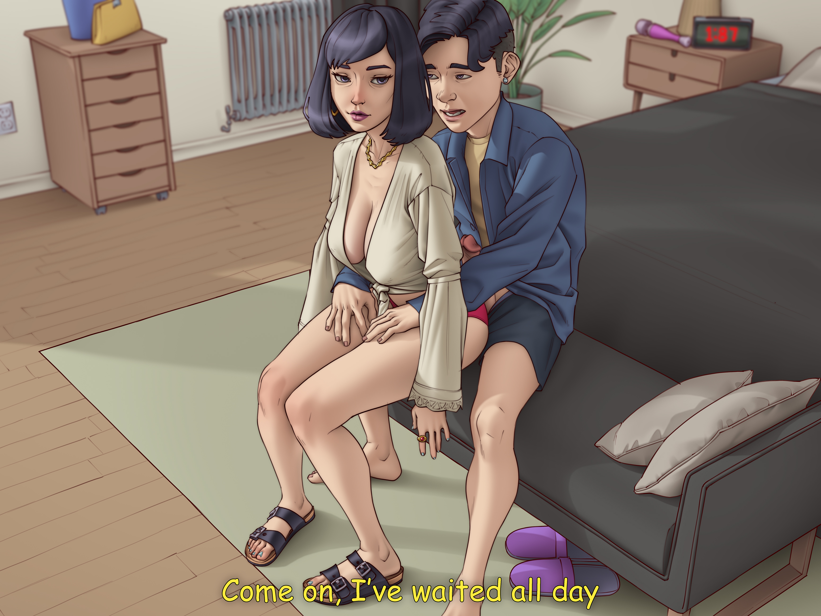 1boy, 1boy1girl, 1girls, age difference, aiden (pinkerlicious), asian, asian female, breasts, cleavage, clothed, dry humping, duo, english text, erection, front-tie top, hetero, himari (pinkerlicious), incest, large breasts, milf, mother, mother and son, no bra, original, penis, pinkerlicious, red panties, ring, sandals, sitting on lap, subtitled