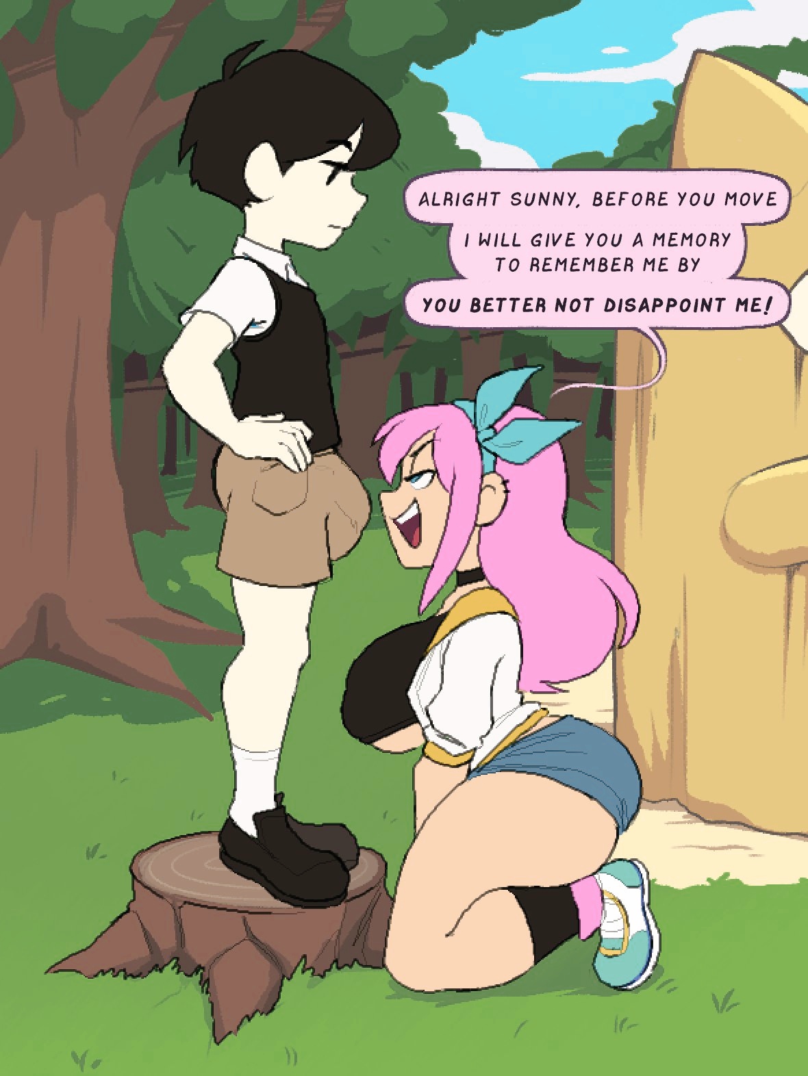 a-gal, agal1502, aqua eyes, aubrey (faraway) (omori), aubrey (omori), black hair, black hair male, black shoes, black socks, blue footwear, blue hairband, blue shorts, bulge, cargo shorts, clothed, clothing, english text, evil eyes, female, footwear, forest, grass, height assist, height difference, imminent oral, instant loss, light skin, light-skinned female, light-skinned male, long hair, male, male/female, omori, omori (game), on knees, outdoors, pale skin, pale-skinned male, pink hair, pink hair female, running shoes, shoes, short hair male, shorts, shortstack, side view, sitting on knees, sitting on stump, small but hung, smaller male, smug, smug eyes, socks, speech bubble, standing, stump, sunburn (omori), sunny (omori), thick thighs, thighs, touching grass, tree, tree stump, white socks