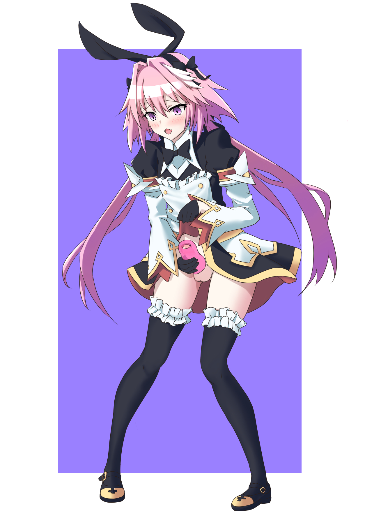 1boy, androgynous, astolfo (fate), balls, blush, bottomless, bunny ears, fate (series), fate/grand order, femboy, girly, hi-ge sere bu, light skin, light-skinned male, male, male only, masturbation, onahole, pale skin, pale-skinned male, penetrable sex toy, pink hair, purple eyes, solo, standing, thighhighs