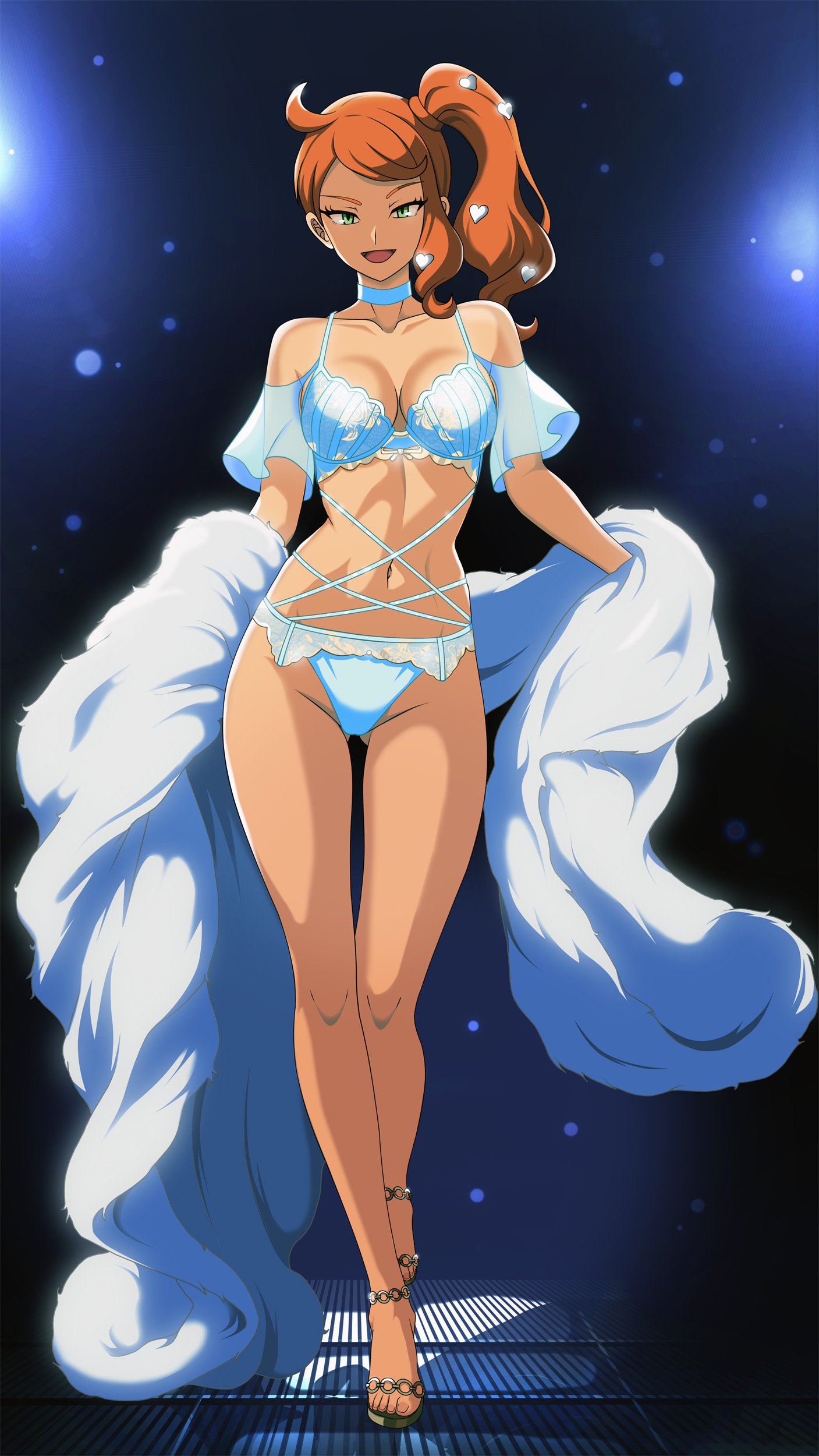 1girls, beautiful, bottomwear, bra, breasts, choker, cleavage, clothing, coat, elegant, fashion, fashion model, female, female only, female torso, footwear, full body, fur coat, game freak, garter belt, green eyes, hair, hair ornament, heels, high heels, hips, lace, lace trim, legs, lingerie, matching underwear, mature, mature female, medium breasts, modeling, neckwear, open mouth, orange hair, panties, pokemon, pokemon ss, ponytail, realistic breast size, realistic proportions, smile, solo, solo female, sonia (pokemon), thighs, tied hair, topwear, underwear, vivivoovoo, white bra, white coat, white panties