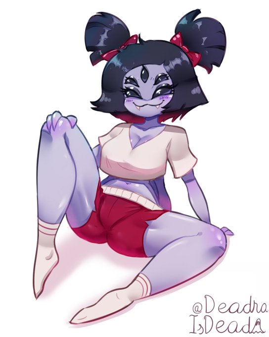 arachnid, black hair, deadraisdead, female, female focus, female only, looking at viewer, muffet, purple body, purple skin, shorts, socks, spider, spread legs, tagme, undertale, white shirt